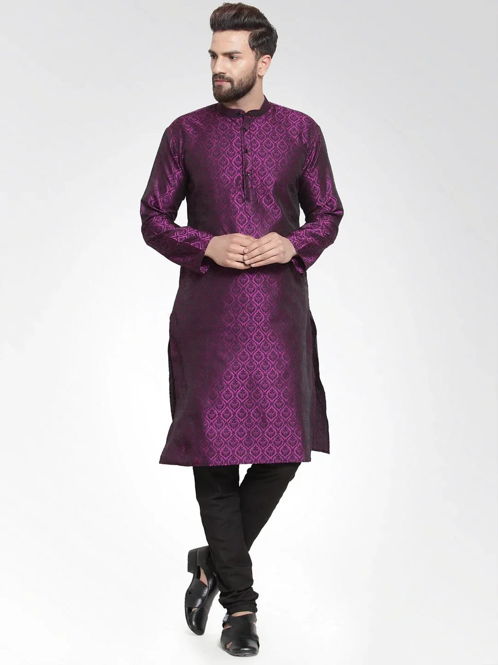 Jompers Men's Purple-Colored & Black Self Design Kurta Only