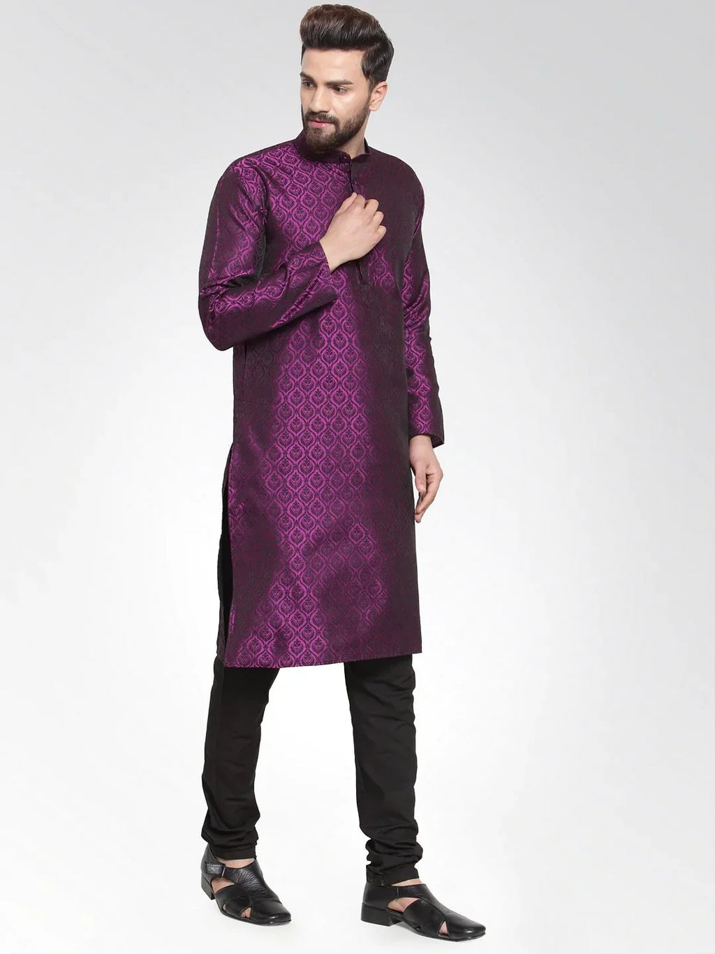 Jompers Men's Purple-Colored & Black Self Design Kurta with Churidar