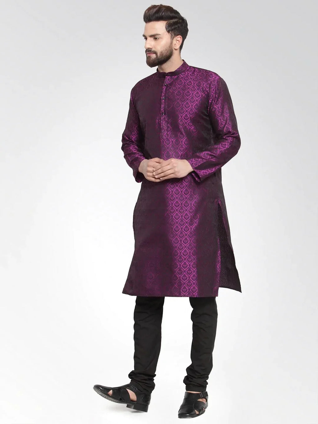 Jompers Men's Purple-Colored & Black Self Design Kurta Only