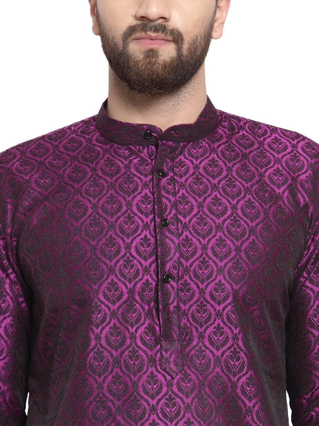 Jompers Men's Purple-Colored & Black Self Design Kurta with Churidar