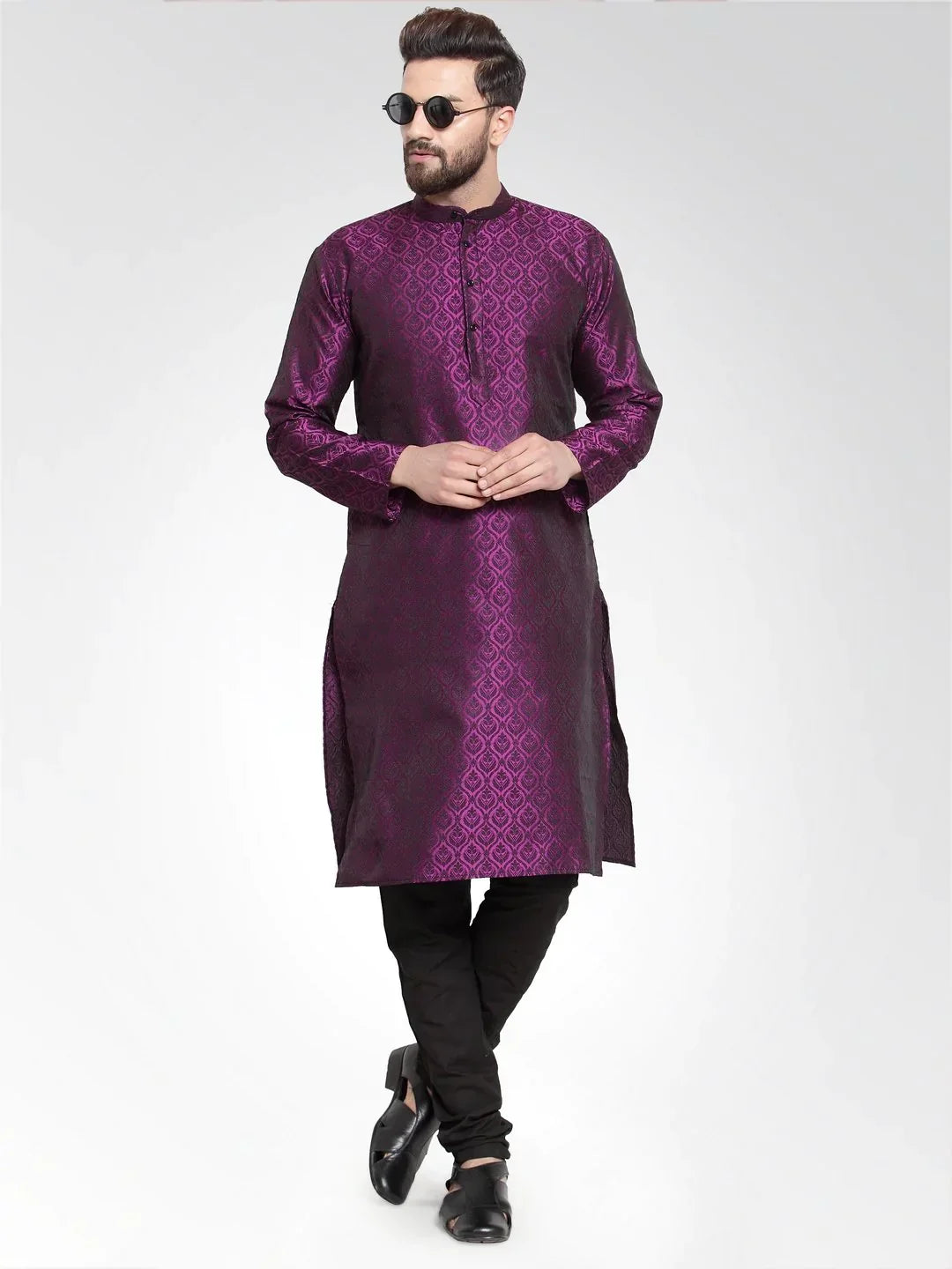 Jompers Men's Purple-Colored & Black Self Design Kurta with Churidar
