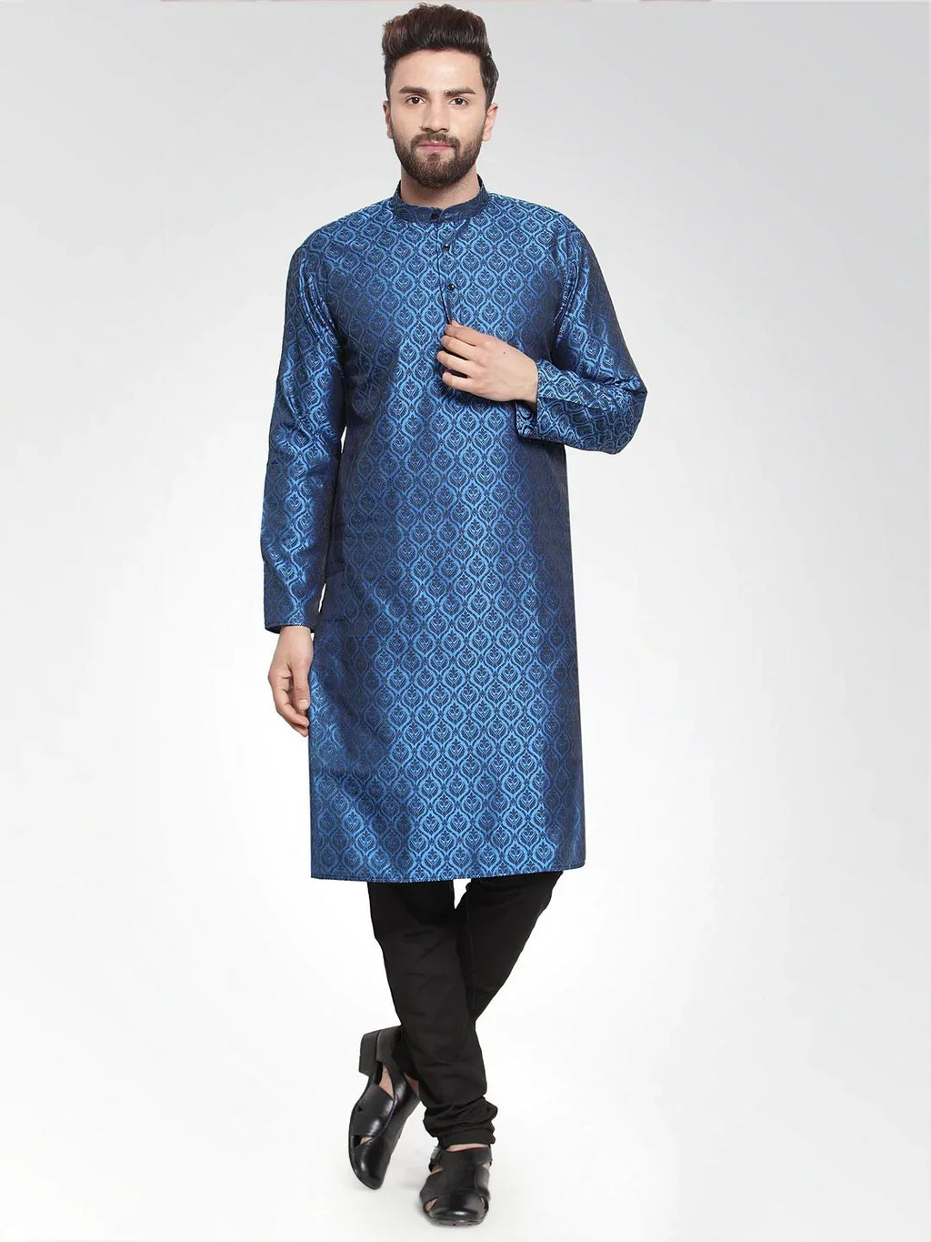 Jompers Men's Royal-Blue Colored & Black Self Design Kurta Only
