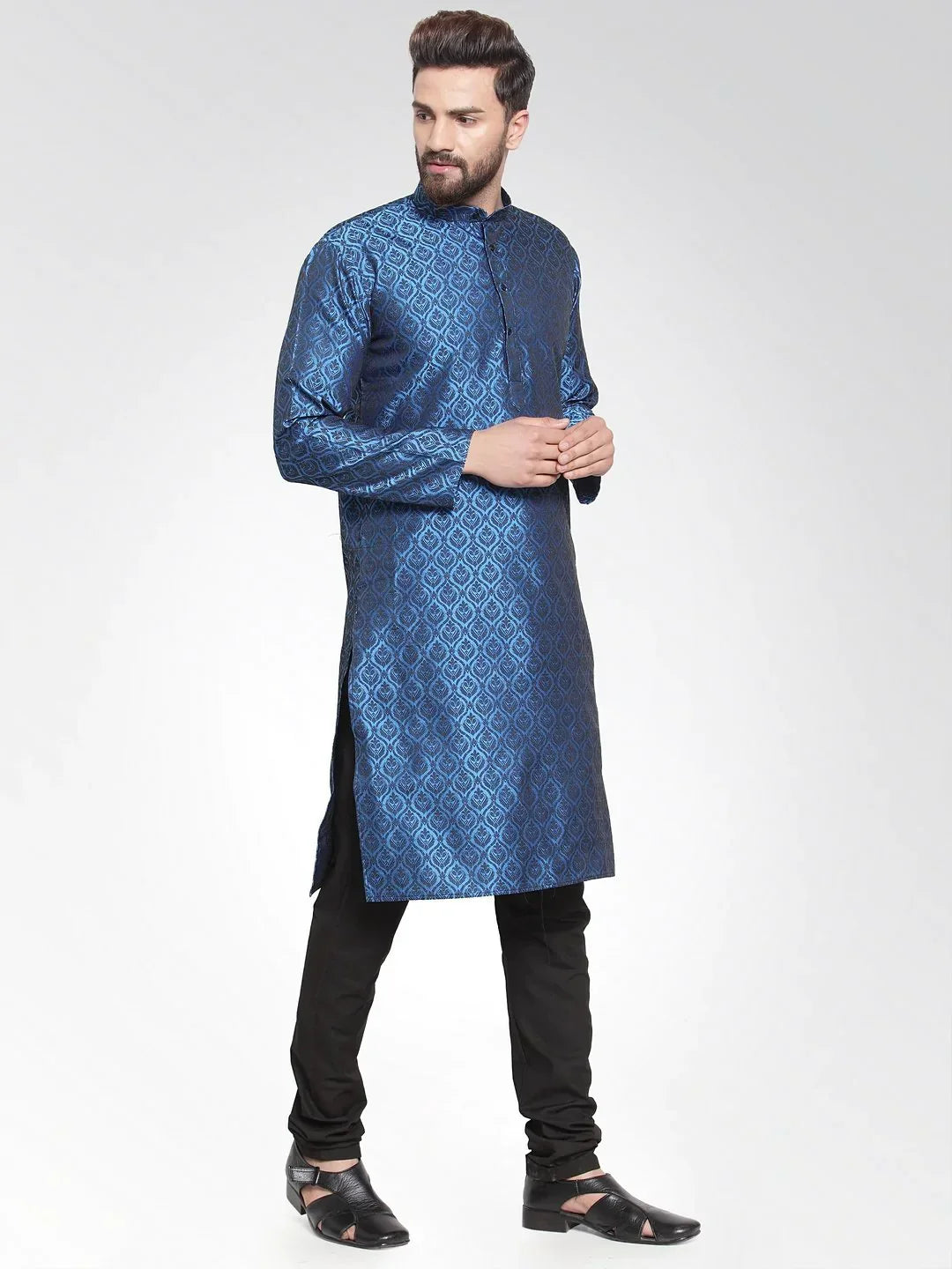 Jompers Men's Royal-Blue Colored & Black Self Design Kurta with Churidar