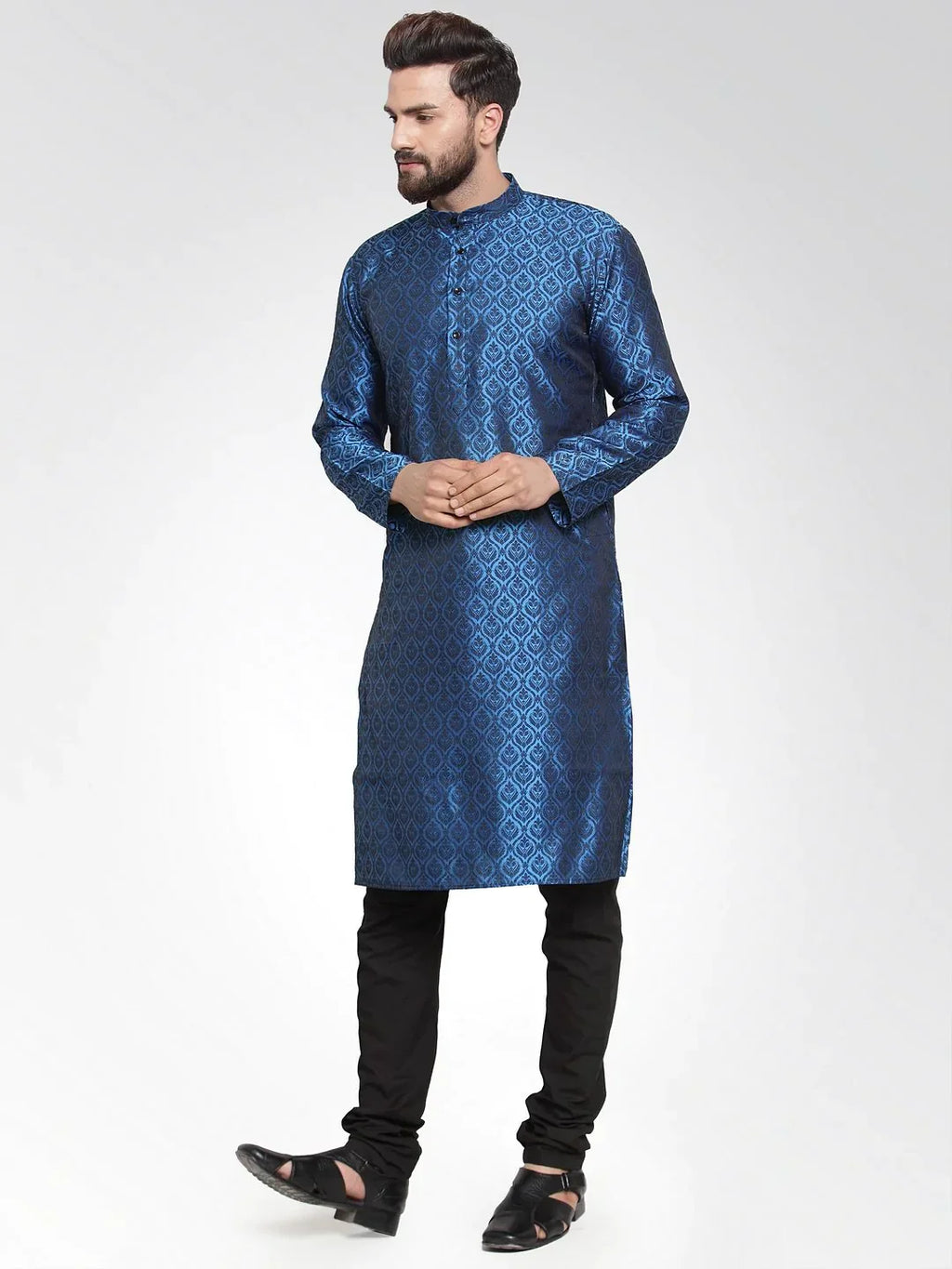 Jompers Men's Royal-Blue Colored & Black Self Design Kurta Only
