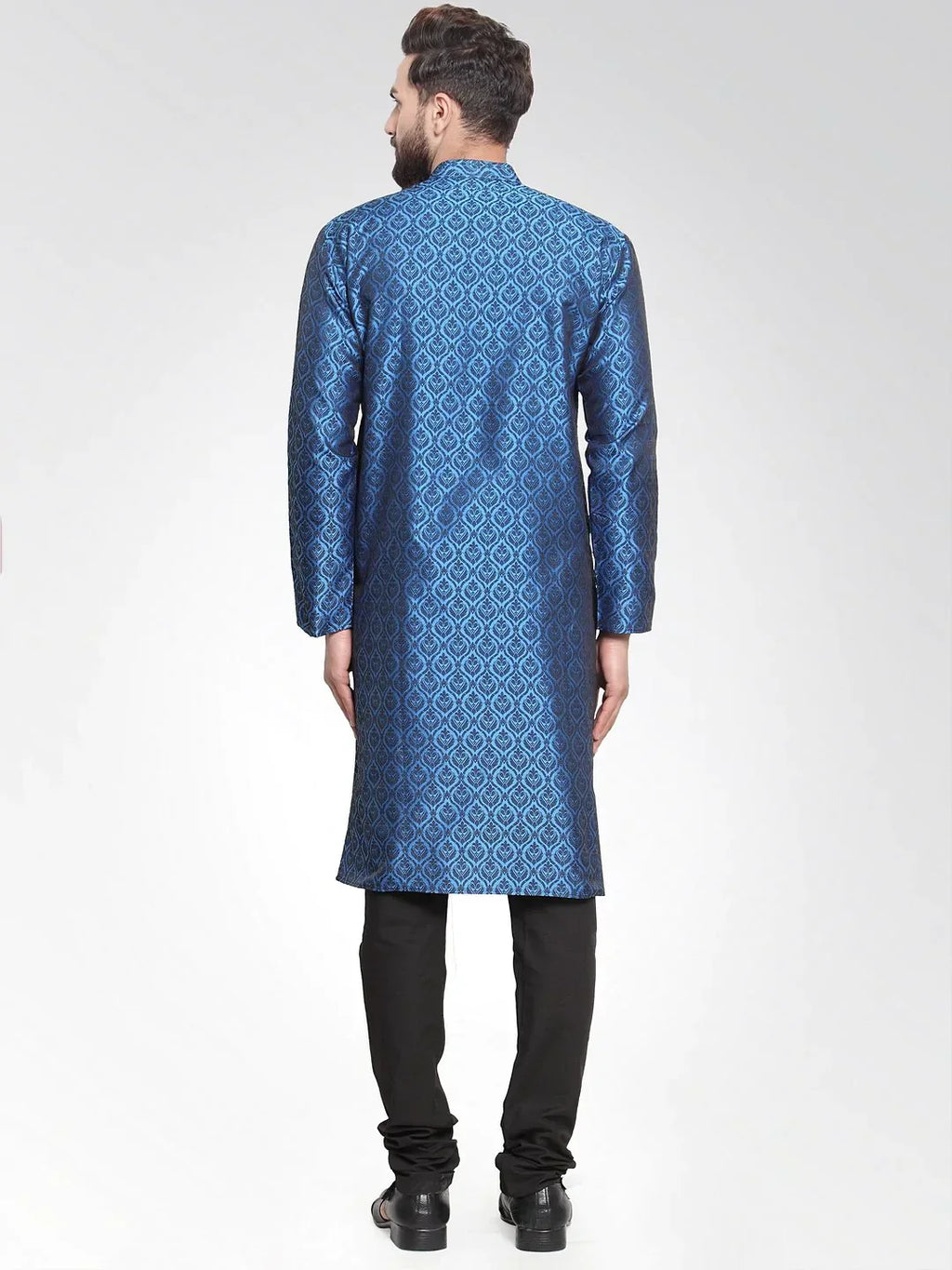 Jompers Men's Royal-Blue Colored & Black Self Design Kurta with Churidar