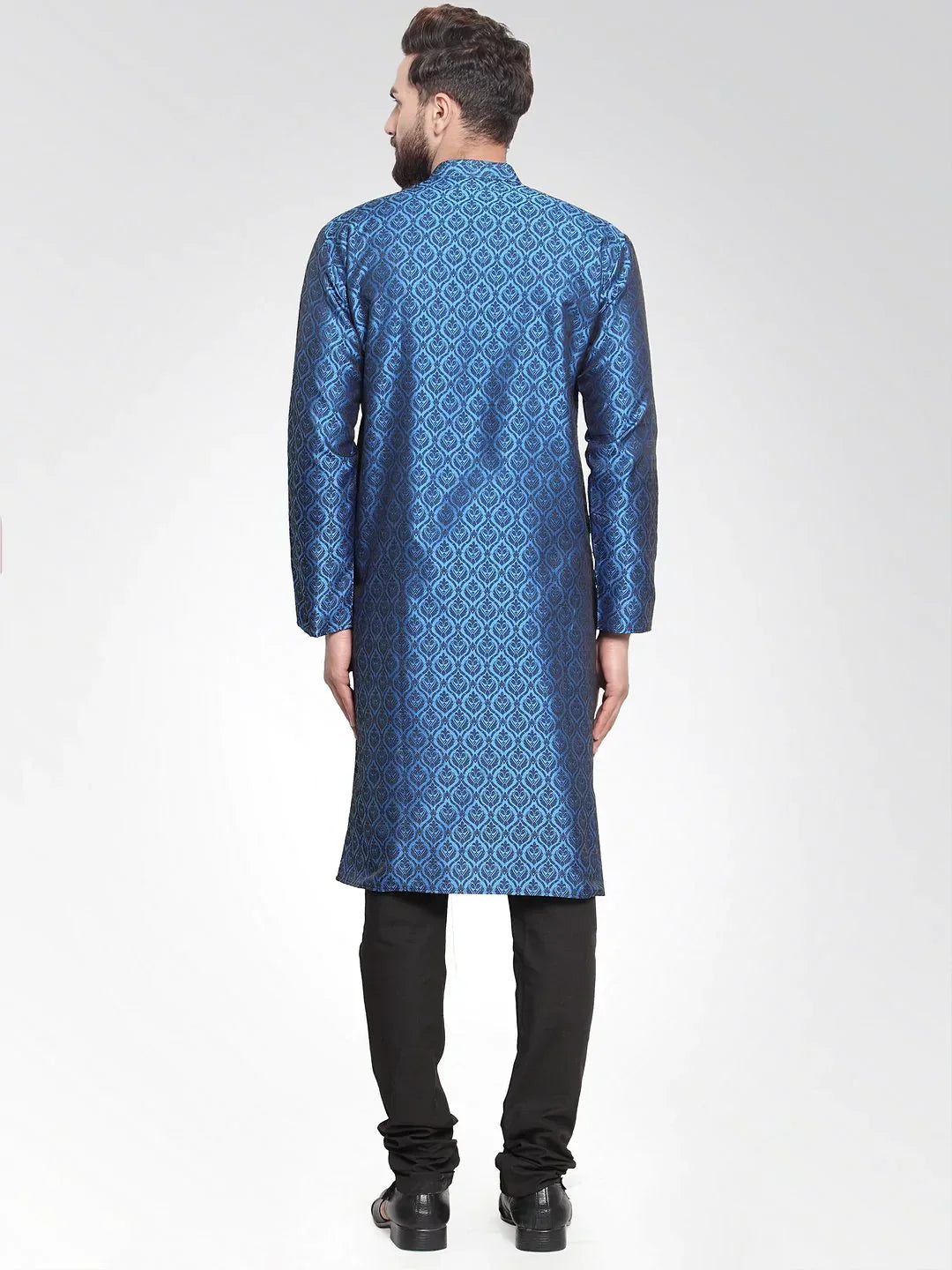 Jompers Men's Royal-Blue Colored & Black Self Design Kurta Only