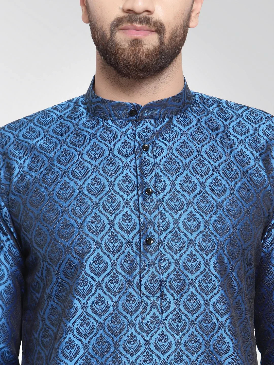 Jompers Men's Royal-Blue Colored & Black Self Design Kurta with Churidar
