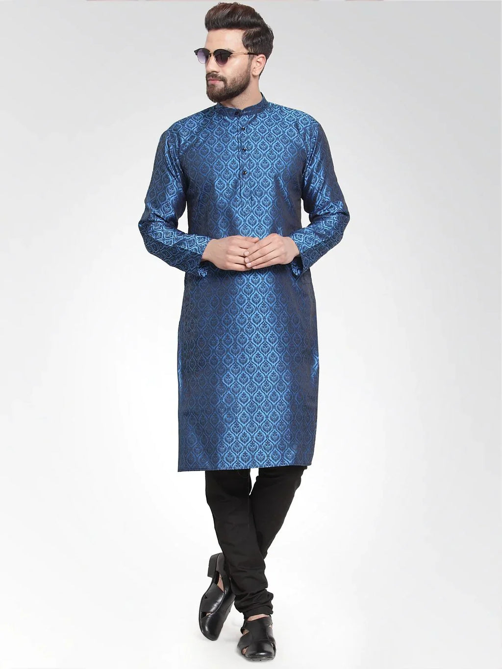 Jompers Men's Royal-Blue Colored & Black Self Design Kurta with Churidar