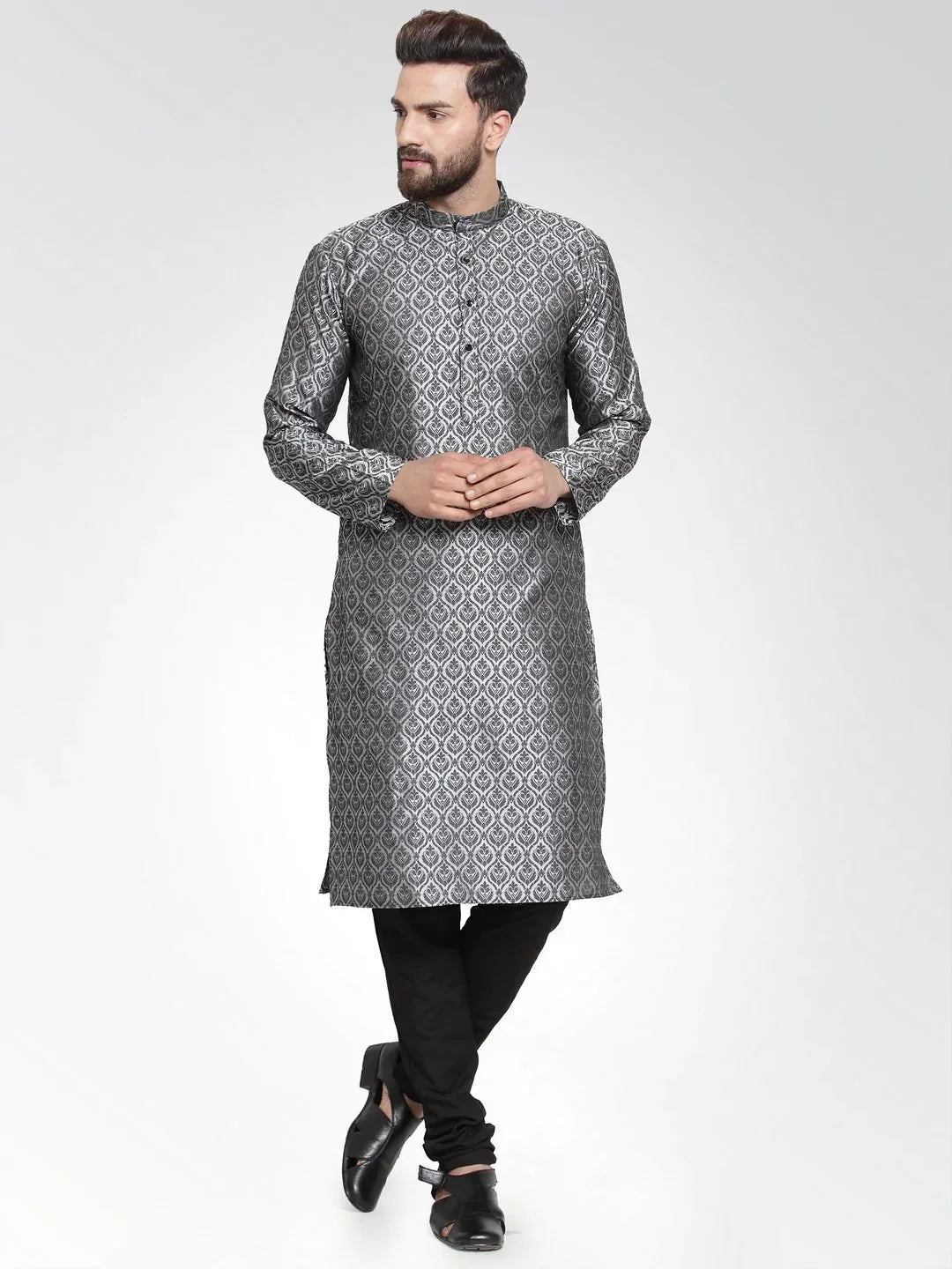 Jompers Men's Silver-Colored & Black Self Design Kurta Only