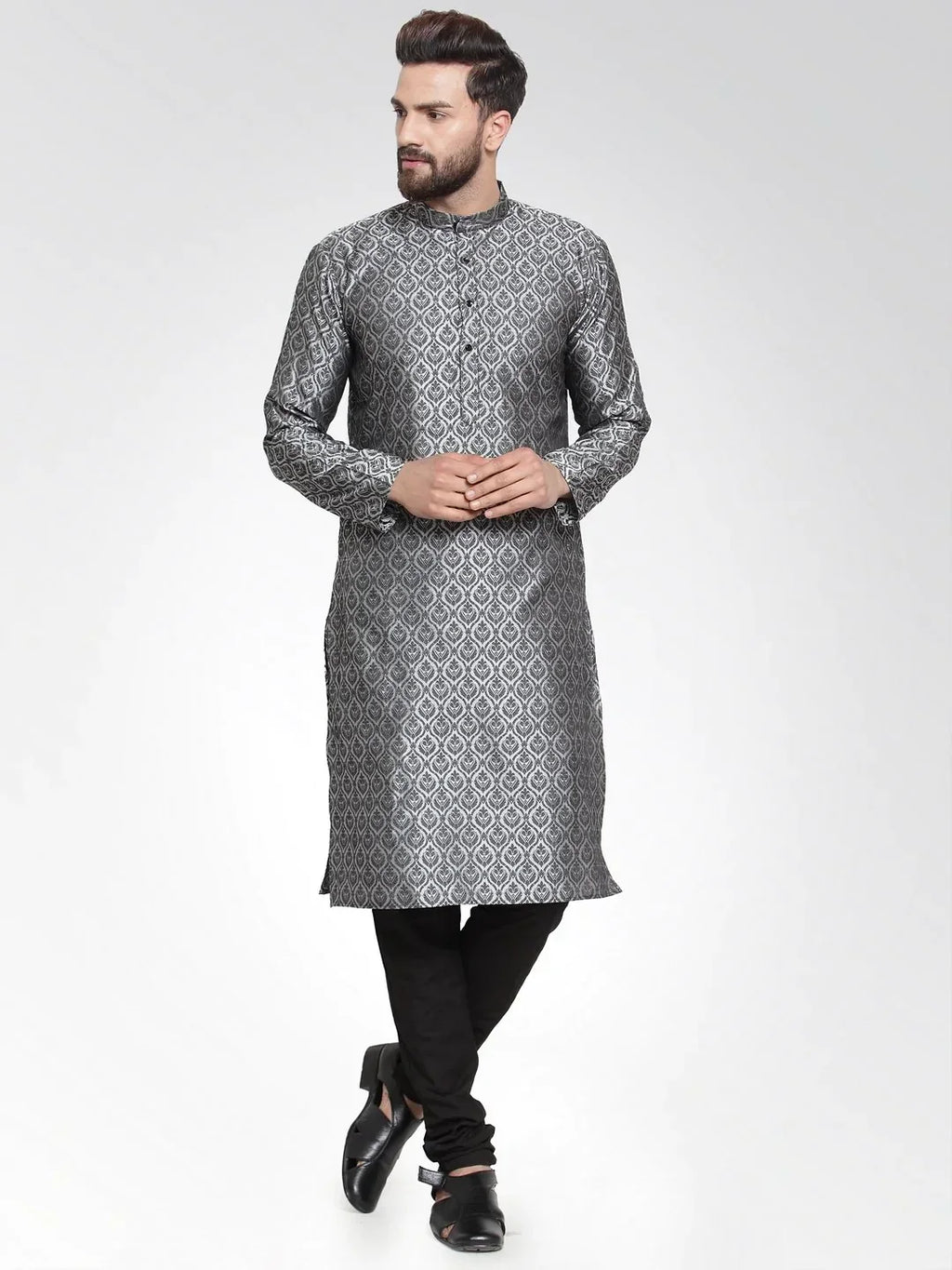Jompers Men's Silver-Colored & Black Self Design Kurta with Churidar
