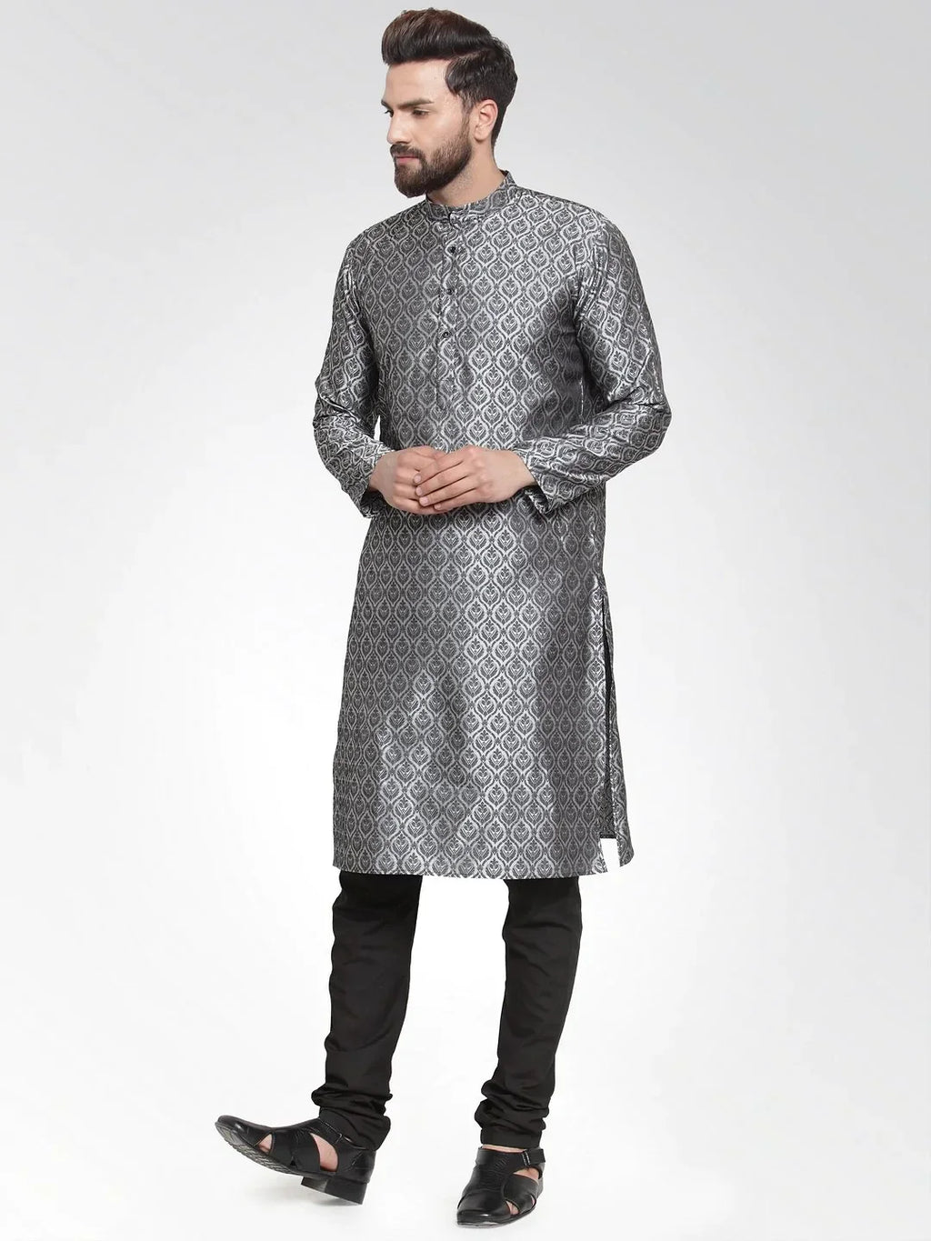 Jompers Men's Silver-Colored & Black Self Design Kurta Only