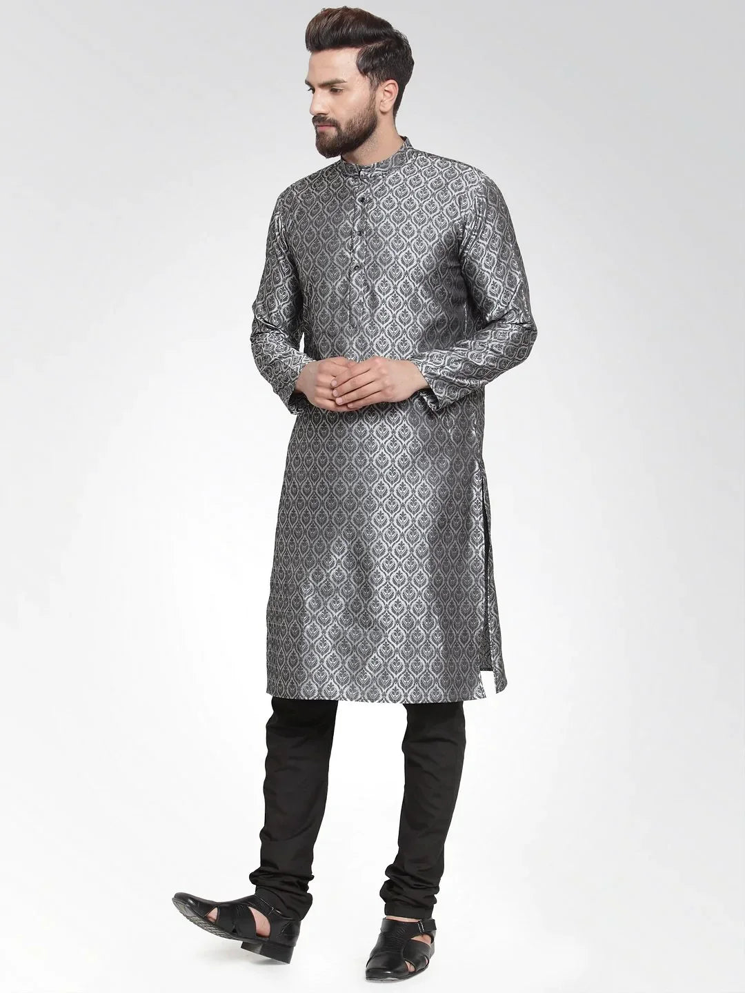 Jompers Men's Silver-Colored & Black Self Design Kurta Only