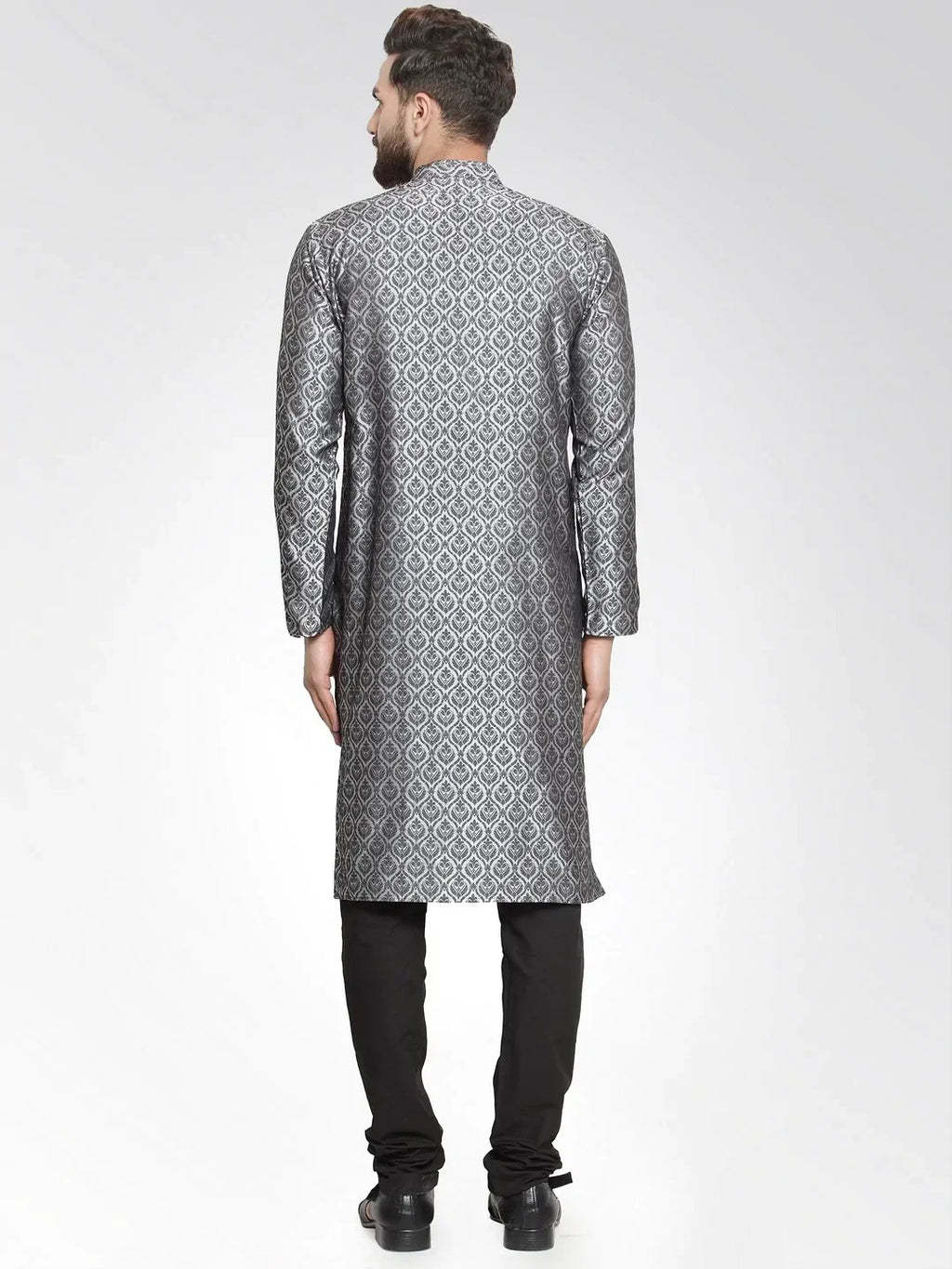 Jompers Men's Silver-Colored & Black Self Design Kurta with Churidar
