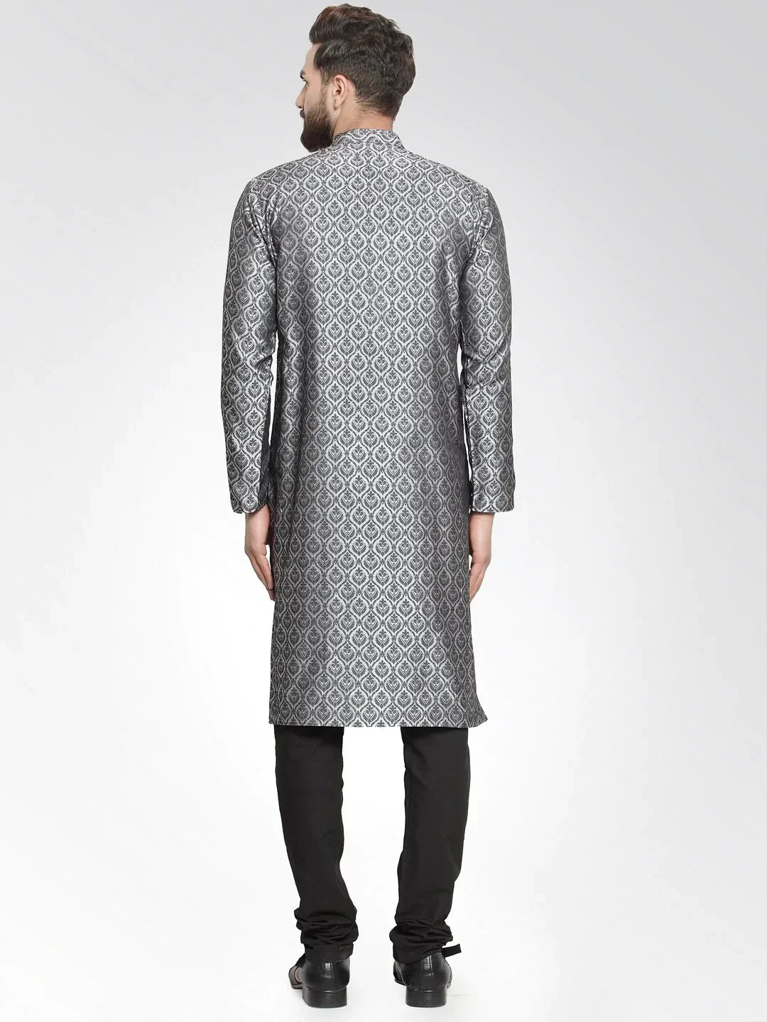 Jompers Men's Silver-Colored & Black Self Design Kurta with Churidar
