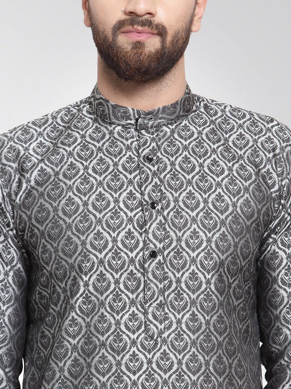 Jompers Men's Silver-Colored & Black Self Design Kurta with Churidar