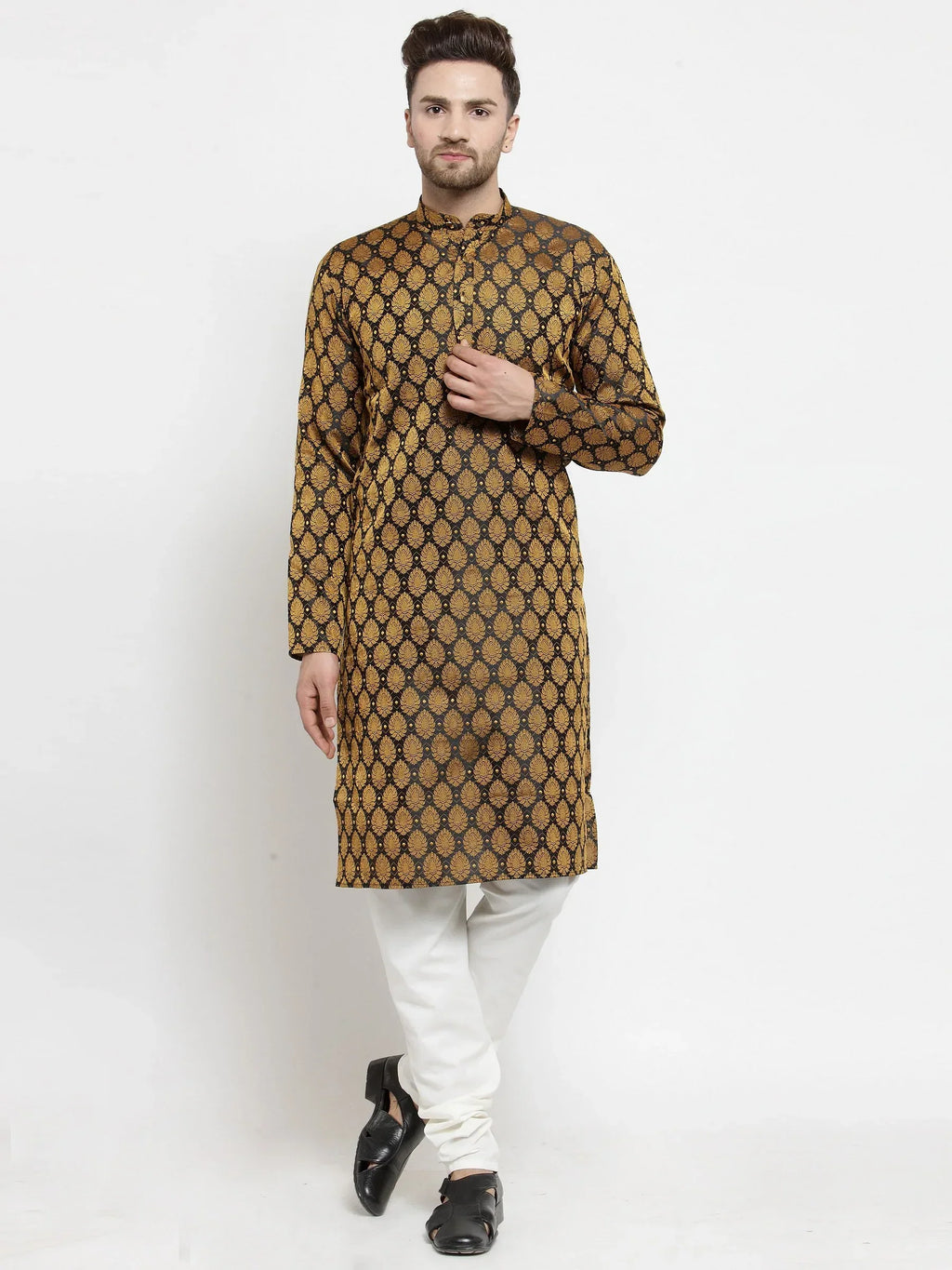 Jompers Men's Black-Colored & Golden Self Design Kurta Only