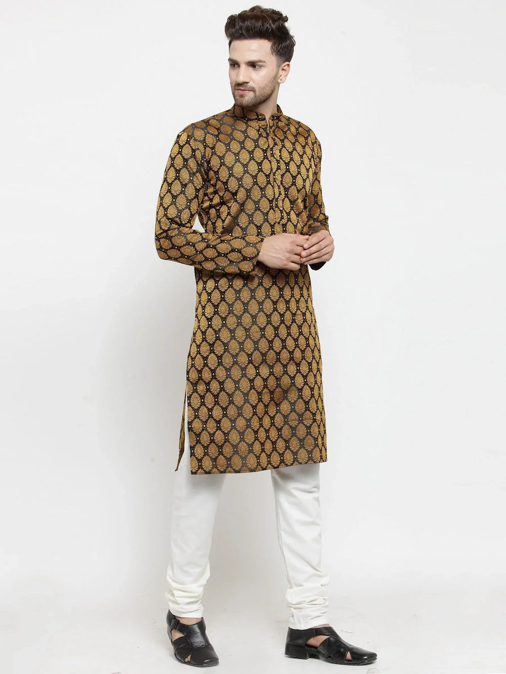 Jompers Men's Black-Colored & Golden Self Design Kurta Only