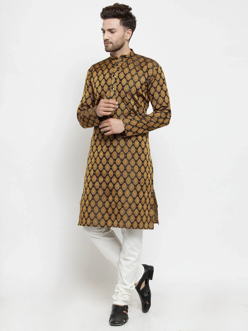 Jompers Men's Black-Colored & Golden Self Design Kurta with Churidar
