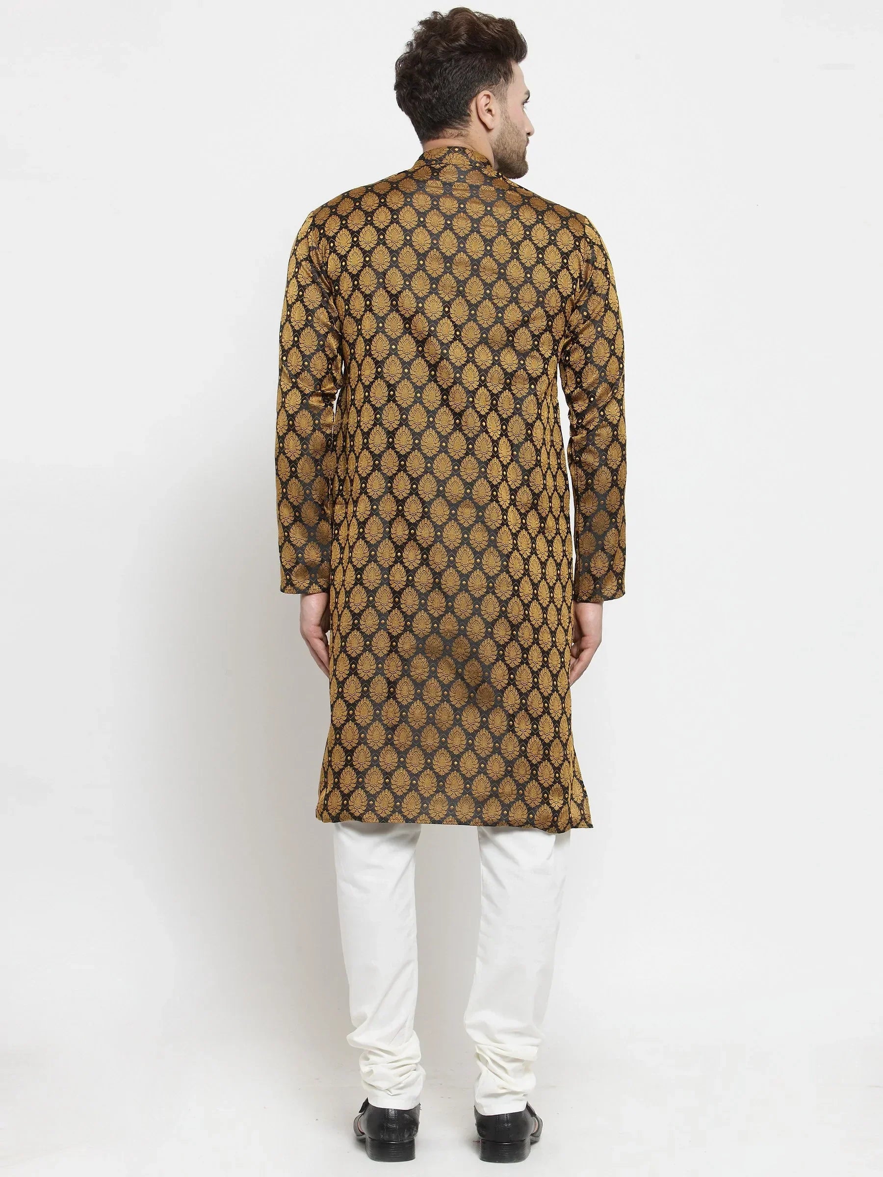 Jompers Men's Black-Colored & Golden Self Design Kurta with Churidar