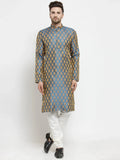 Jompers Men's Blue-Colored & Golden Self Design Kurta with Churidar