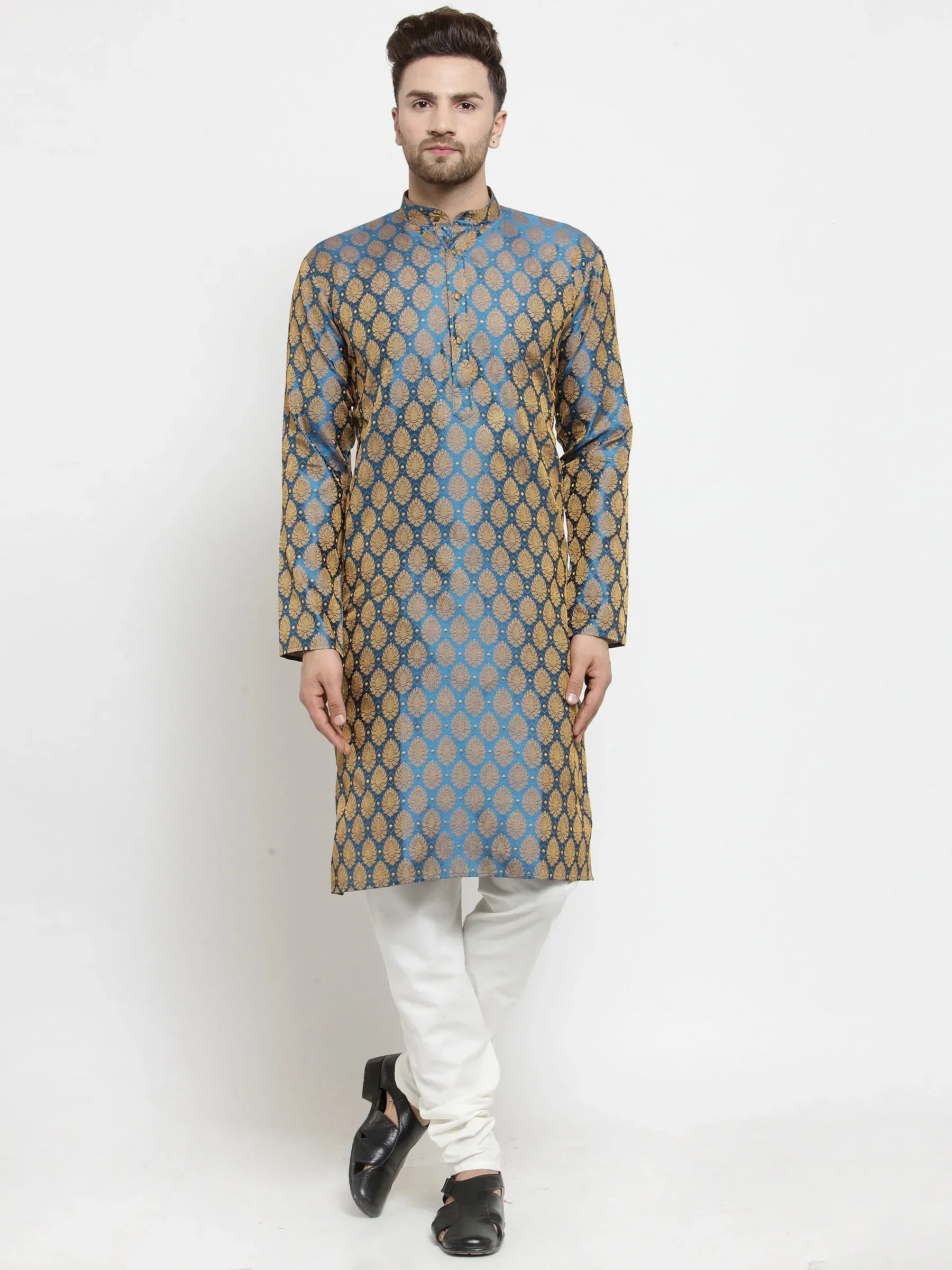 Jompers Men's Blue-Colored & Golden Self Design Kurta with Churidar