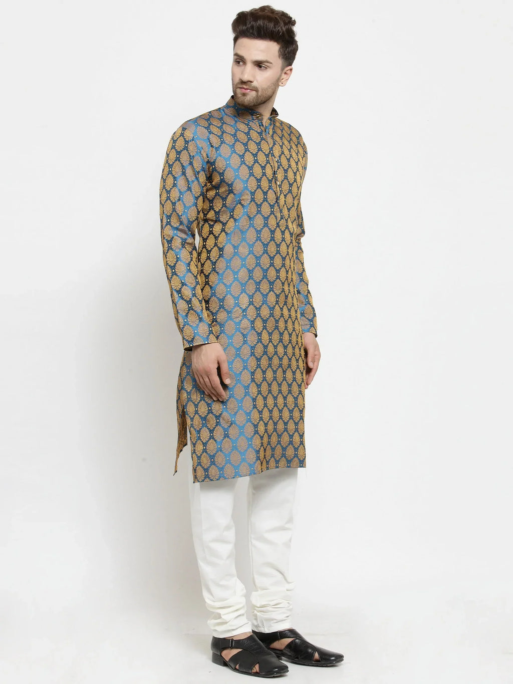 Jompers Men's Blue-Colored & Golden Self Design Kurta Only