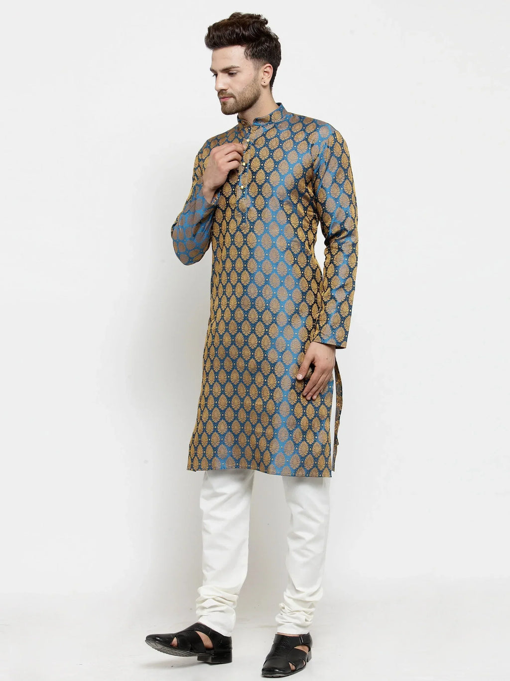 Jompers Men's Blue-Colored & Golden Self Design Kurta with Churidar