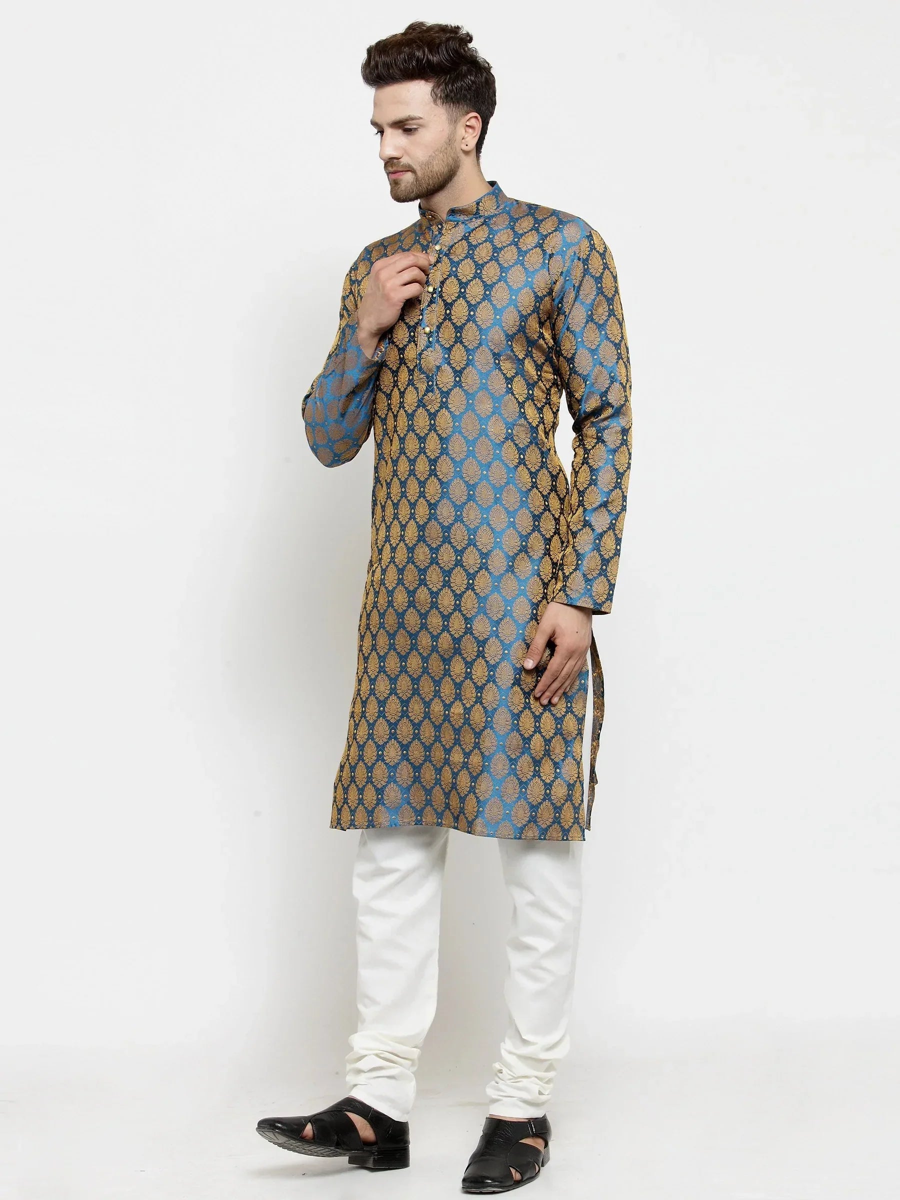 Jompers Men's Blue-Colored & Golden Self Design Kurta with Churidar