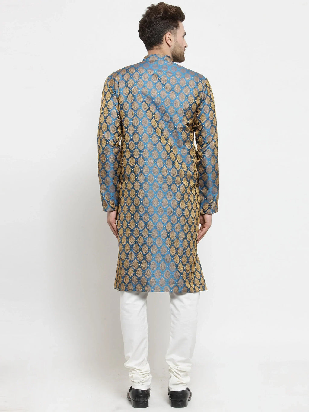 Jompers Men's Blue-Colored & Golden Self Design Kurta Only