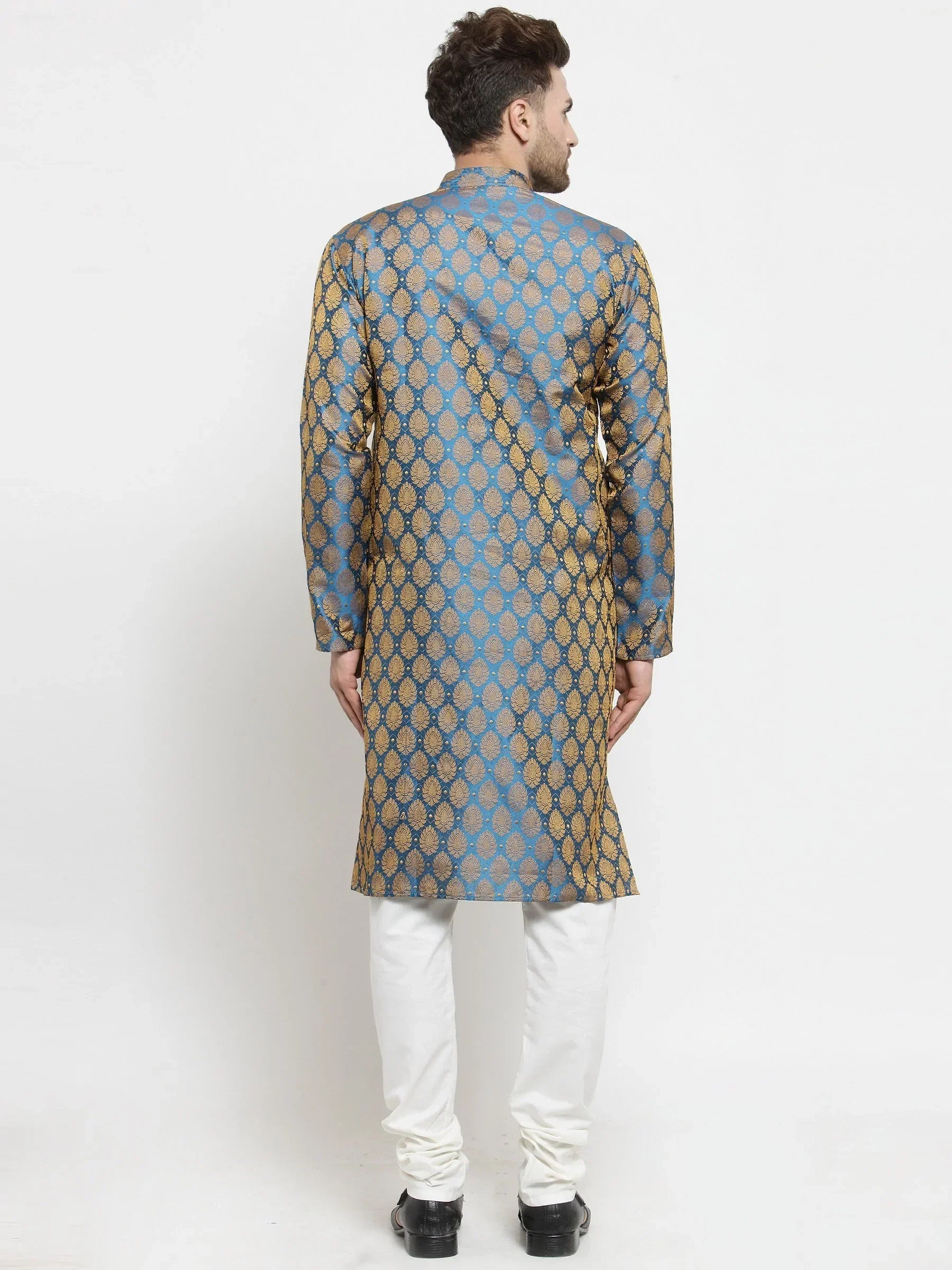 Jompers Men's Blue-Colored & Golden Self Design Kurta Only