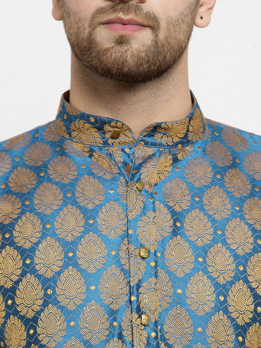 Jompers Men's Blue-Colored & Golden Self Design Kurta with Churidar