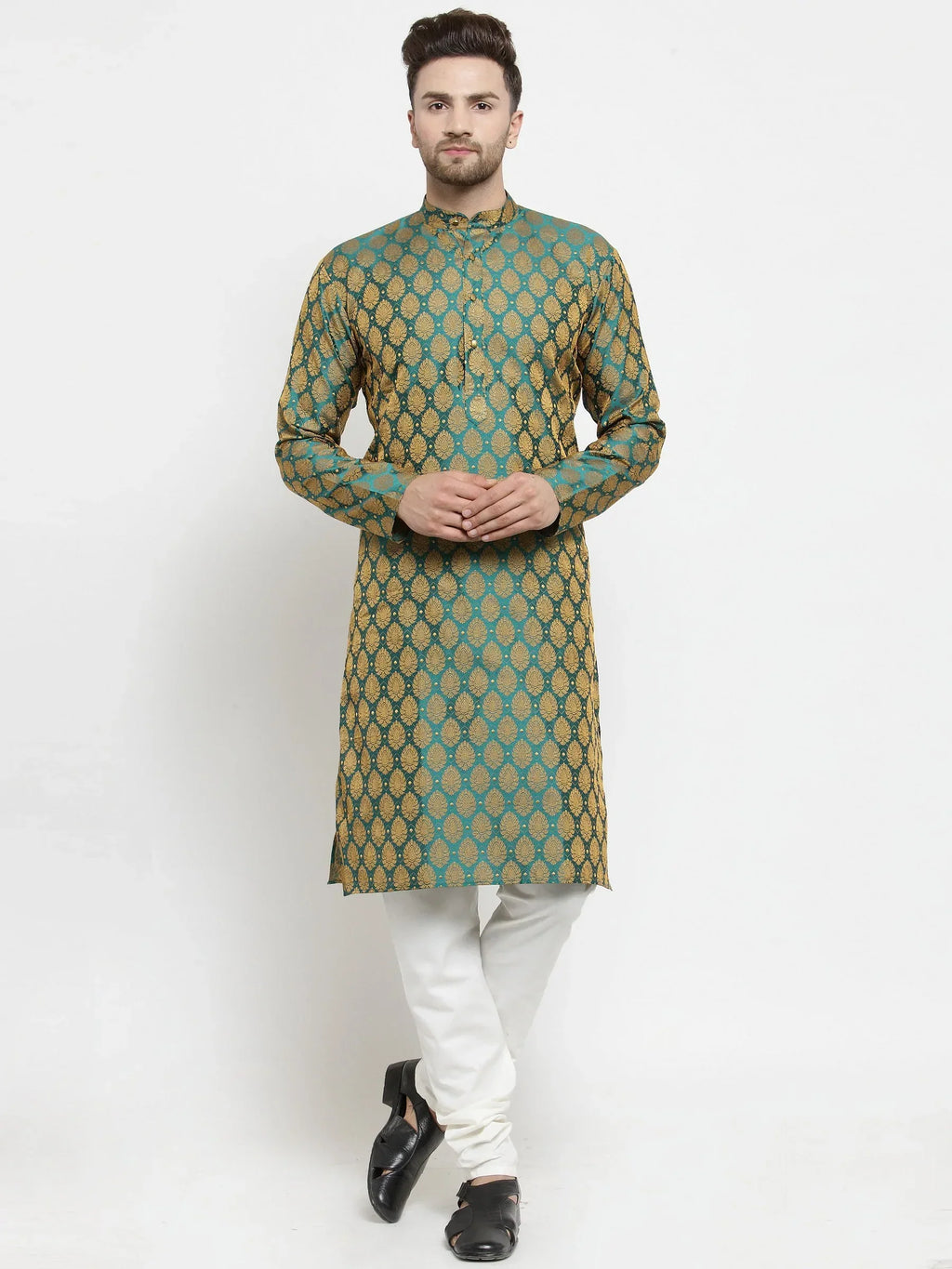 Jompers Men's Green-Colored & Golden Self Design Kurta Only
