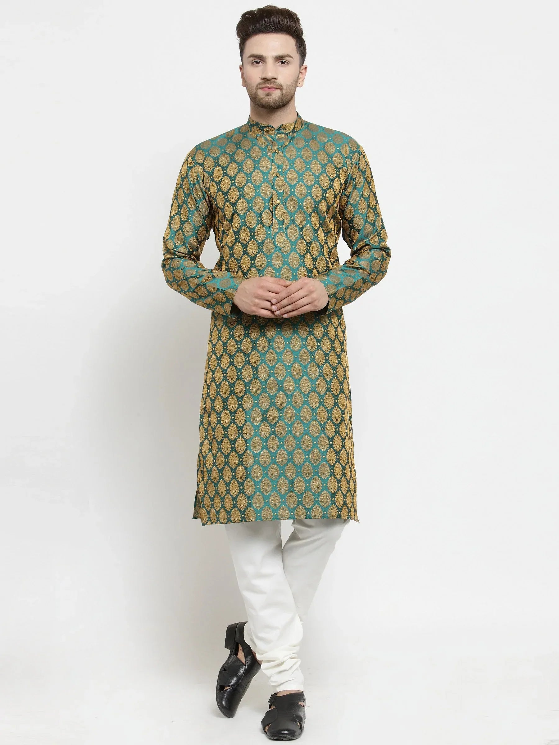 Jompers Men's Green-Colored & Golden Self Design Kurta Only