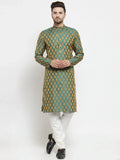 Jompers Men's Green-Colored & Golden Self Design Kurta with Churidar