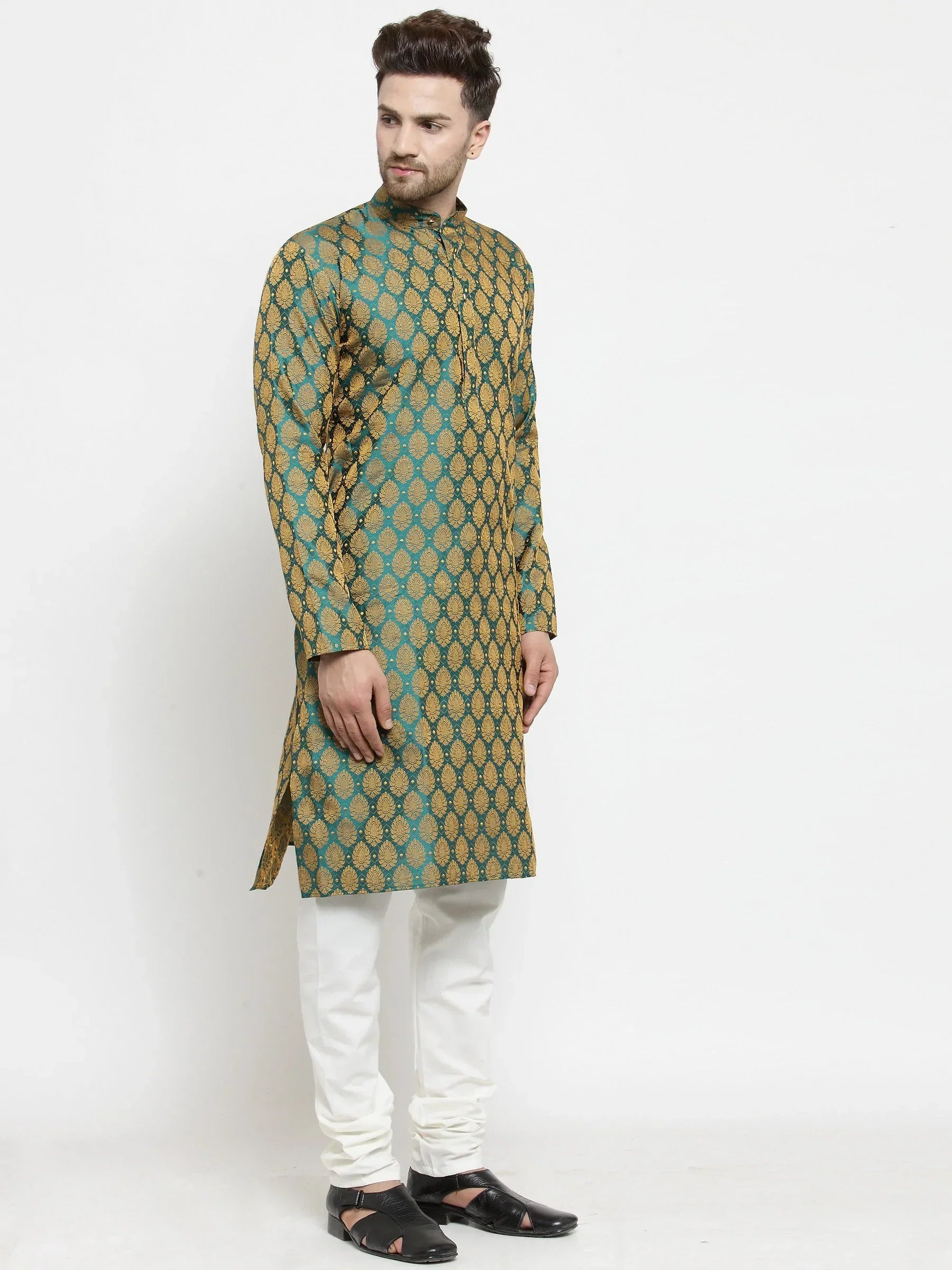 Jompers Men's Green-Colored & Golden Self Design Kurta with Churidar