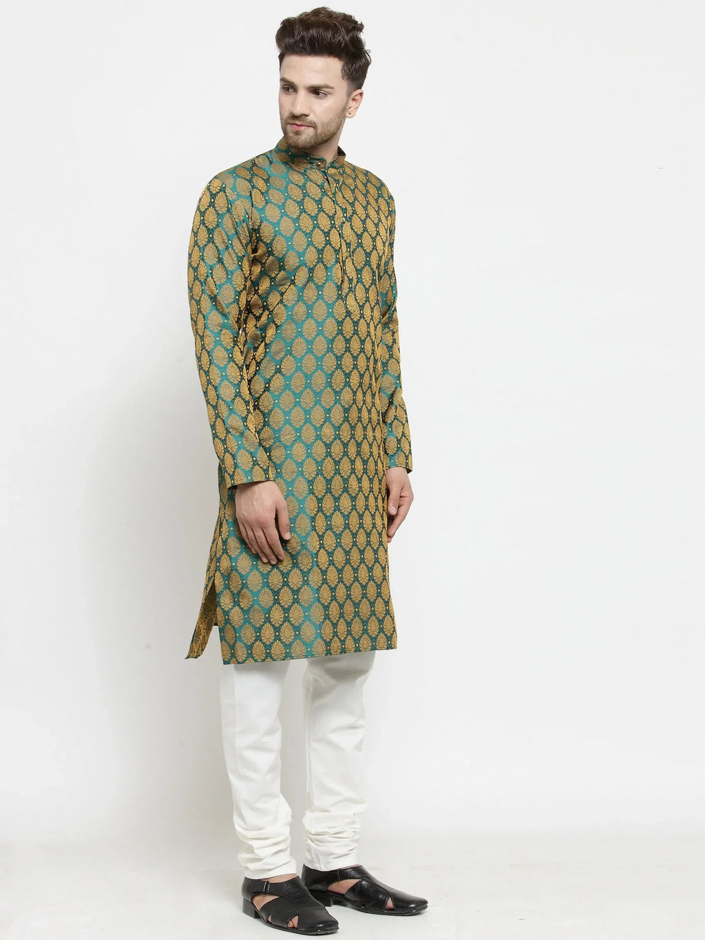 Jompers Men's Green-Colored & Golden Self Design Kurta Only