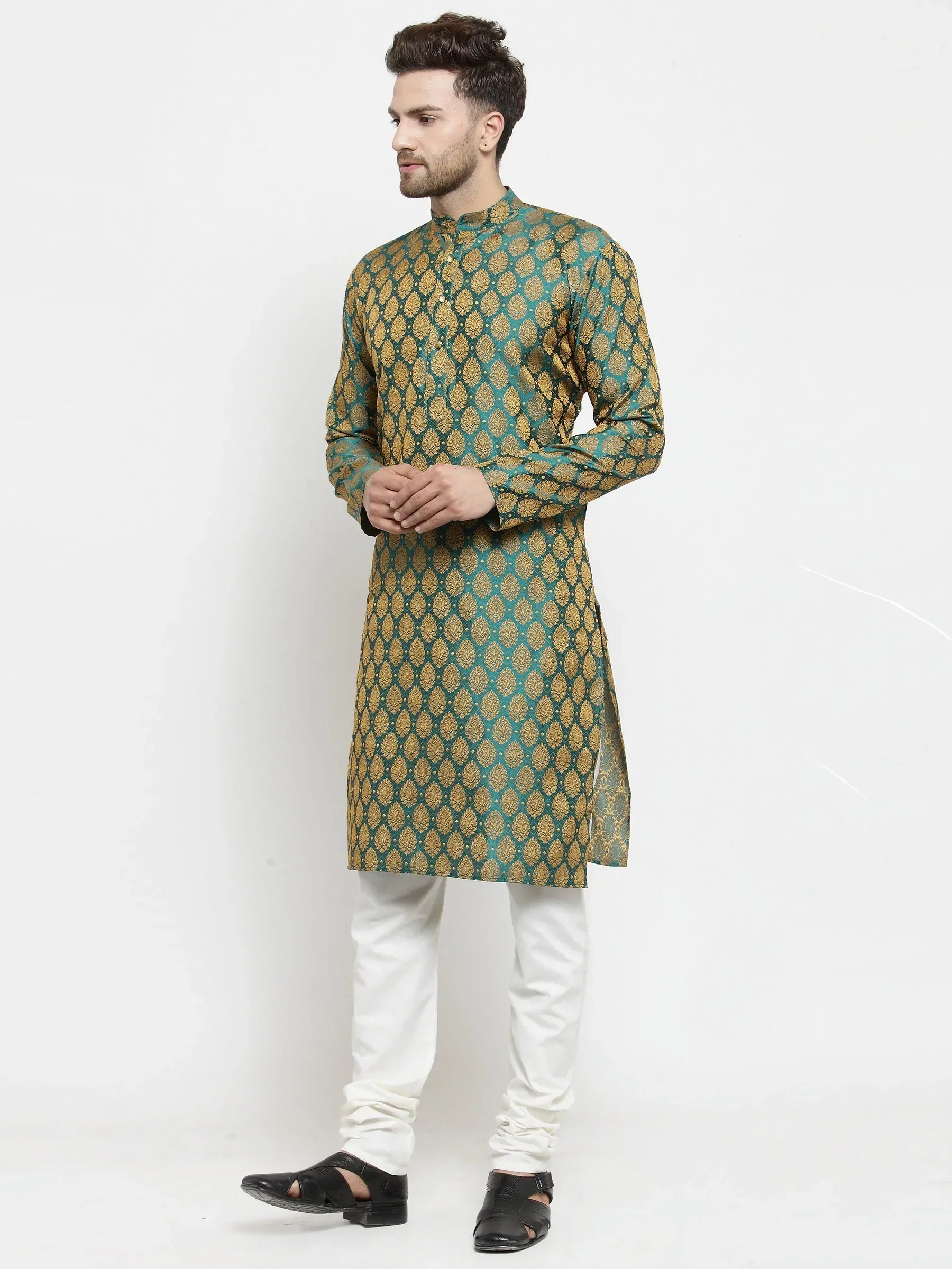 Jompers Men's Green-Colored & Golden Self Design Kurta with Churidar
