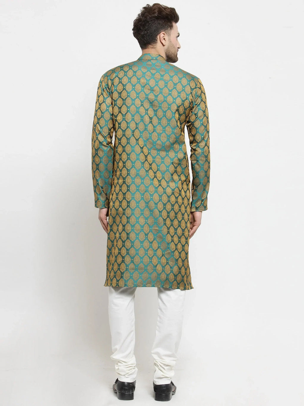 Jompers Men's Green-Colored & Golden Self Design Kurta with Churidar