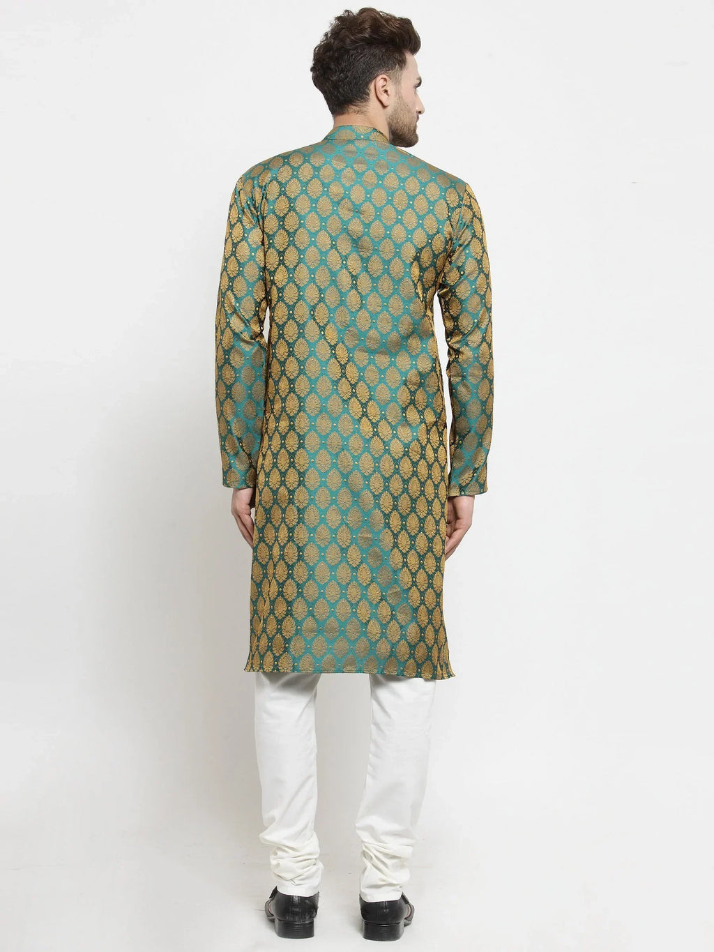 Jompers Men's Green-Colored & Golden Self Design Kurta Only