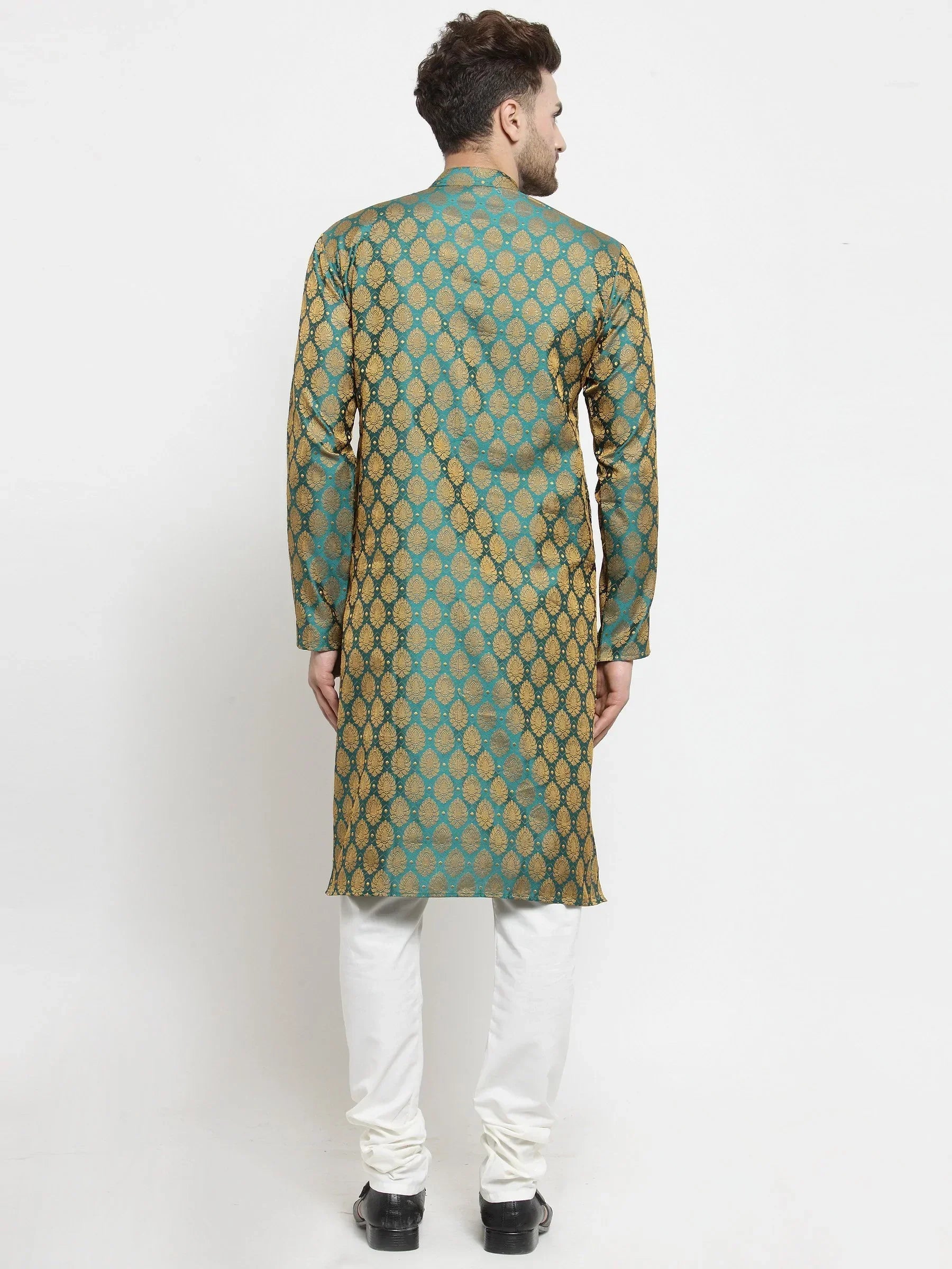 Jompers Men's Green-Colored & Golden Self Design Kurta Only