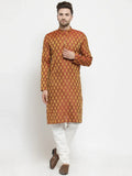 Jompers Men's Maroon-Colored & Golden Self Design Kurta with Churidar