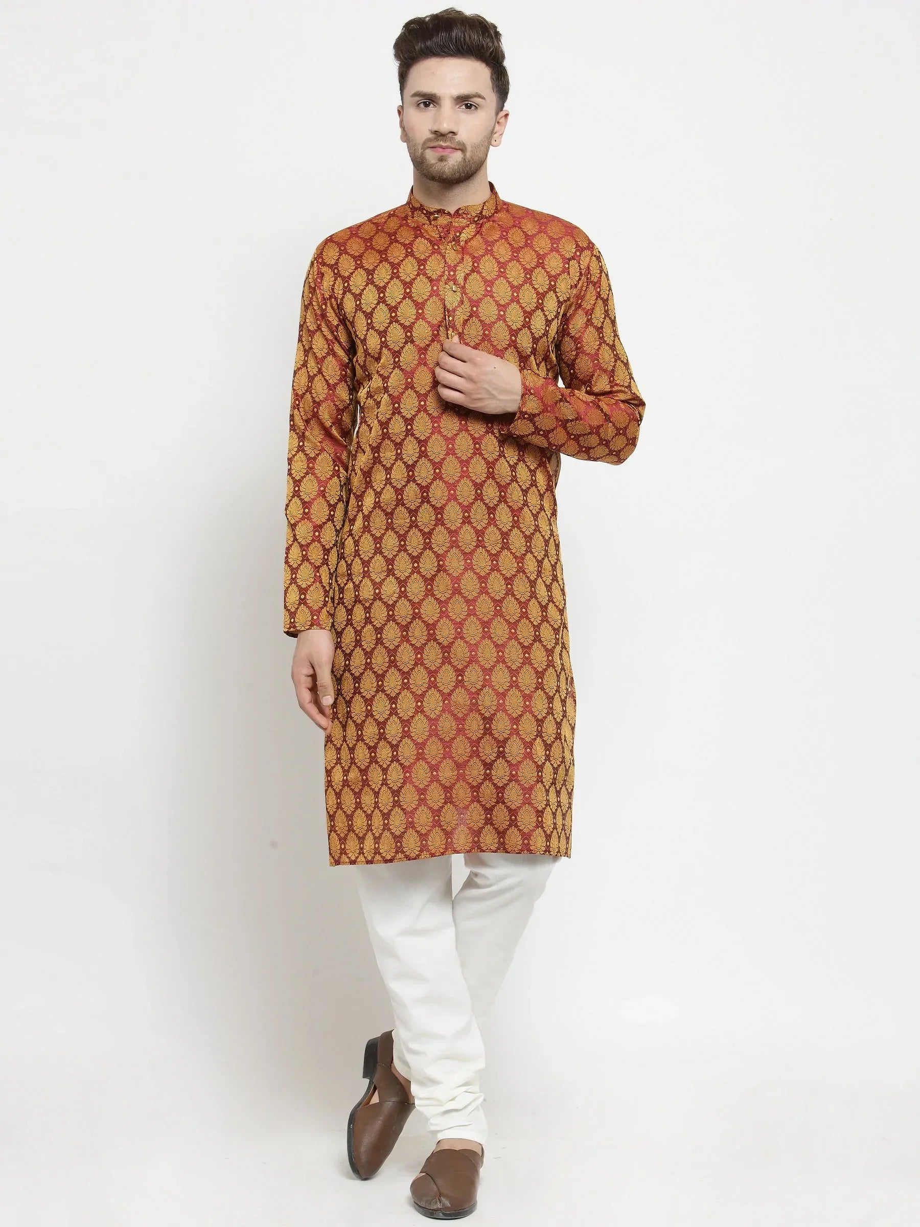 Jompers Men's Maroon-Colored & Golden Self Design Kurta with Churidar