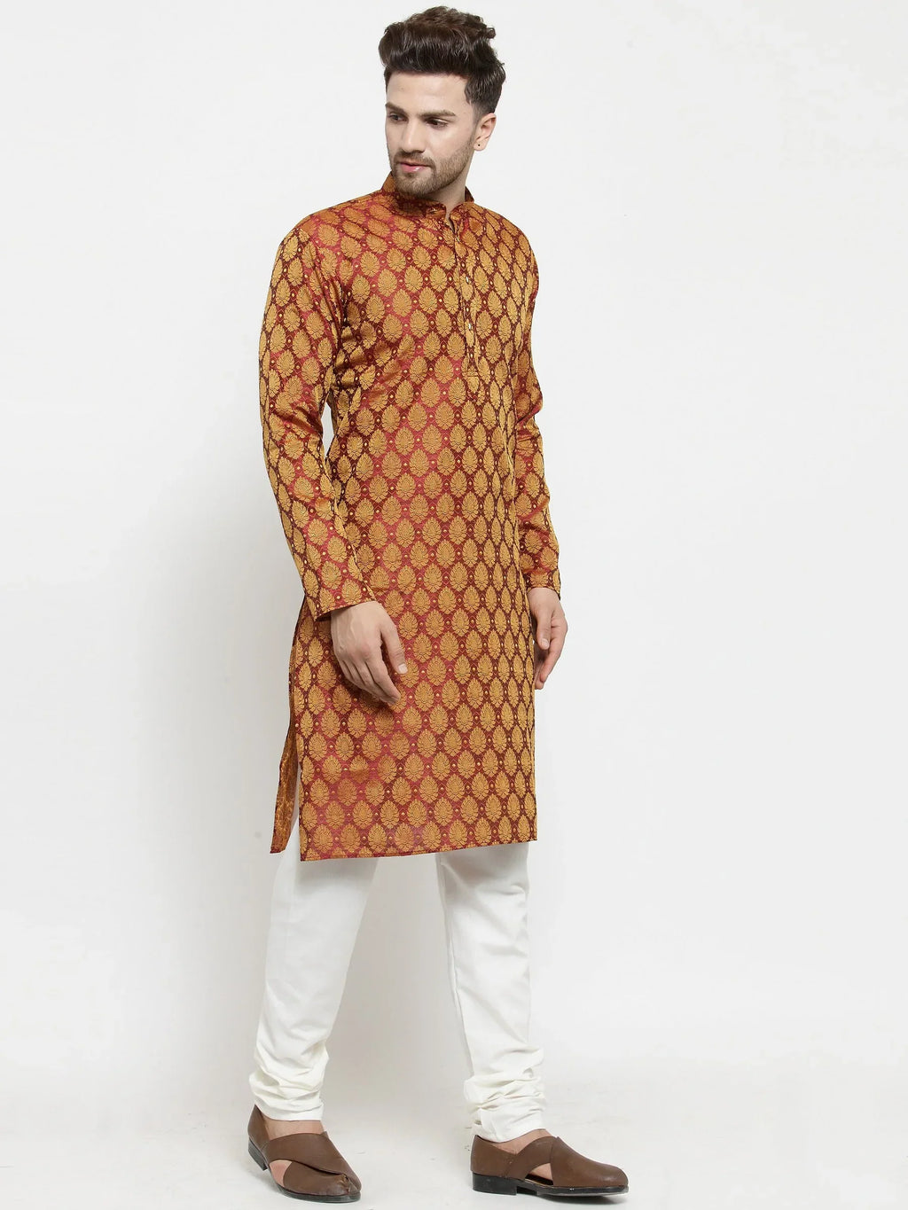 Jompers Men's Maroon-Colored & Golden Self Design Kurta Only