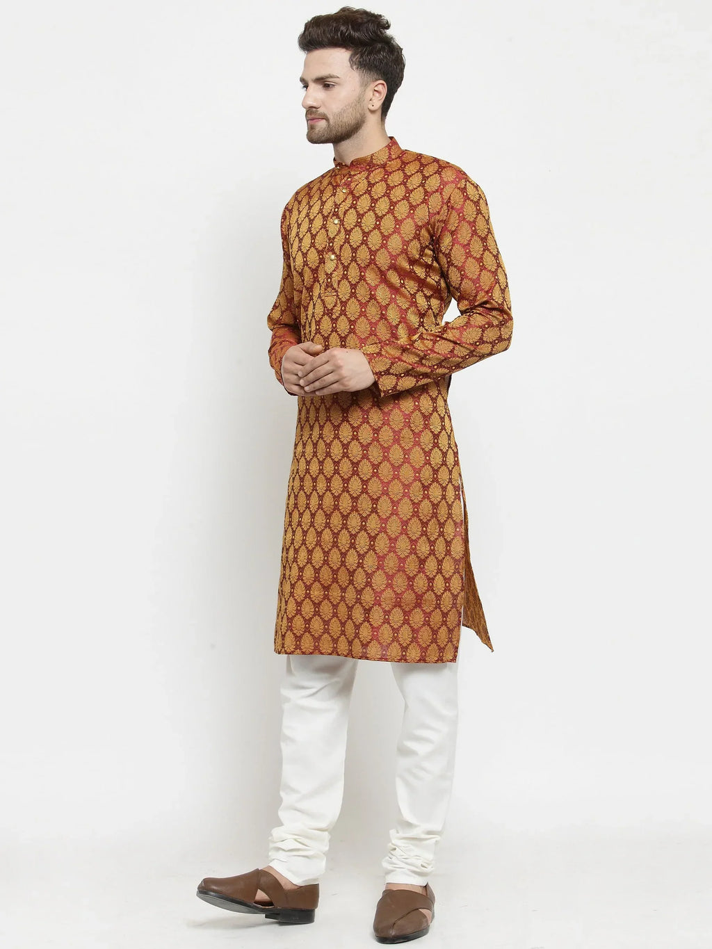 Jompers Men's Maroon-Colored & Golden Self Design Kurta Only