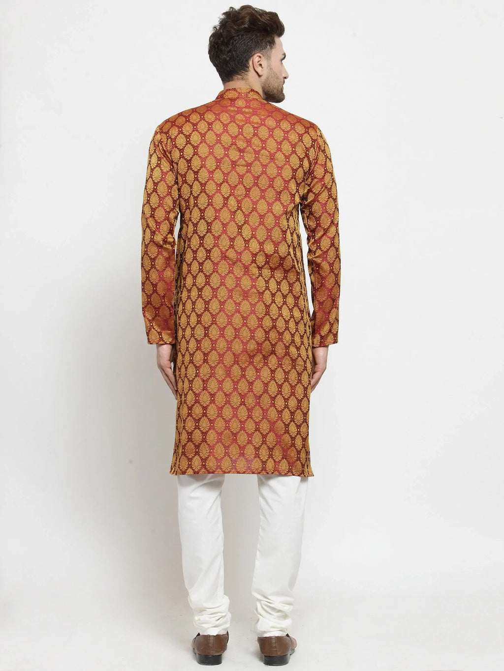 Jompers Men's Maroon-Colored & Golden Self Design Kurta Only