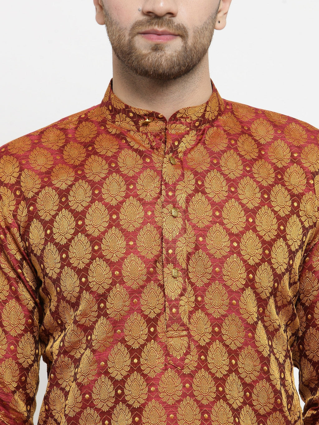 Jompers Men's Maroon-Colored & Golden Self Design Kurta with Churidar