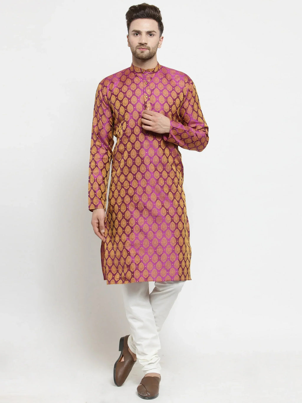 Jompers Men's Pink-Colored & Golden Self Design Kurta Only