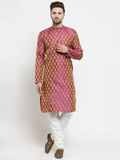 Jompers Men's Pink-Colored & Golden Self Design Kurta with Churidar
