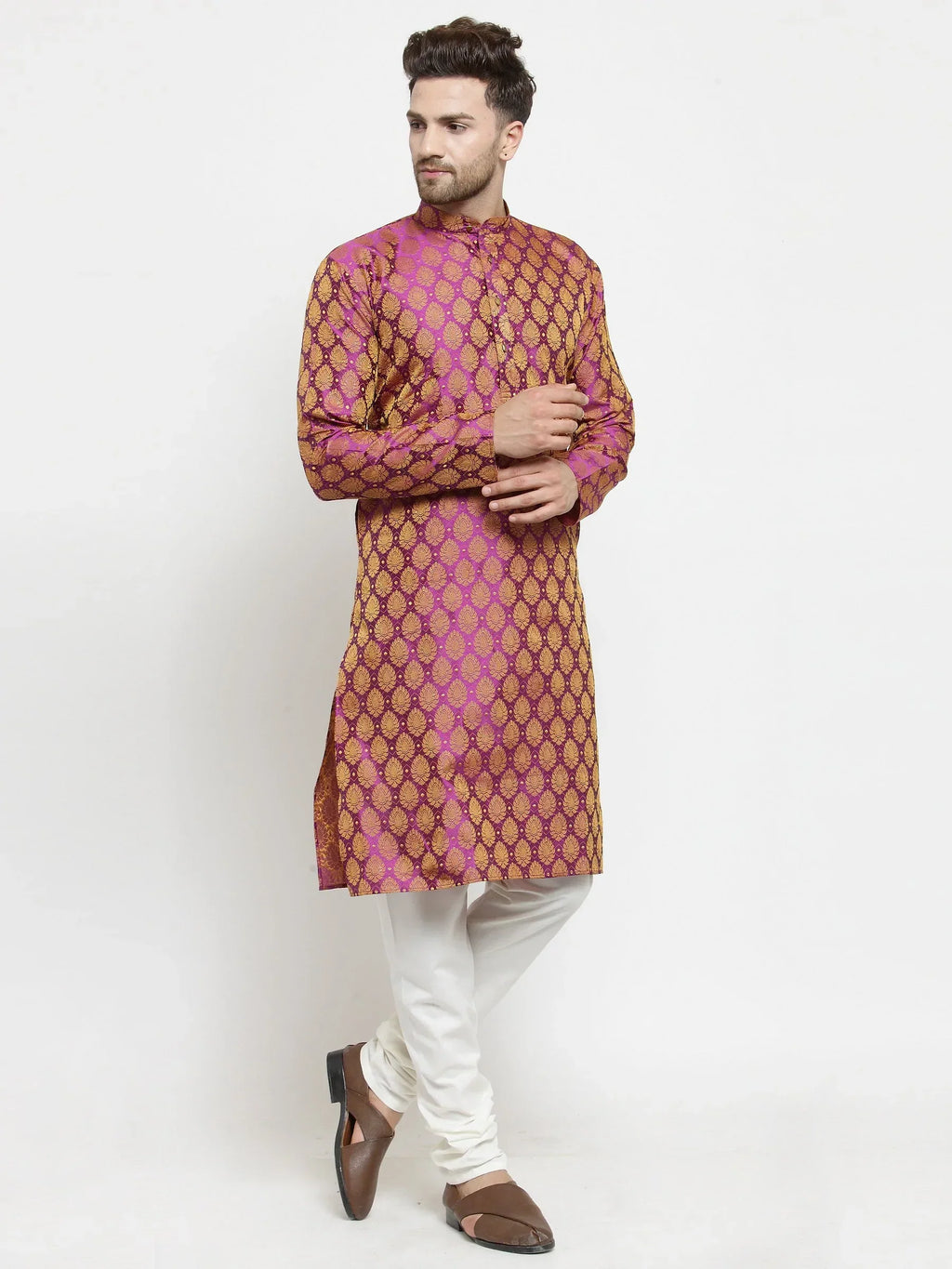 Jompers Men's Pink-Colored & Golden Self Design Kurta with Churidar