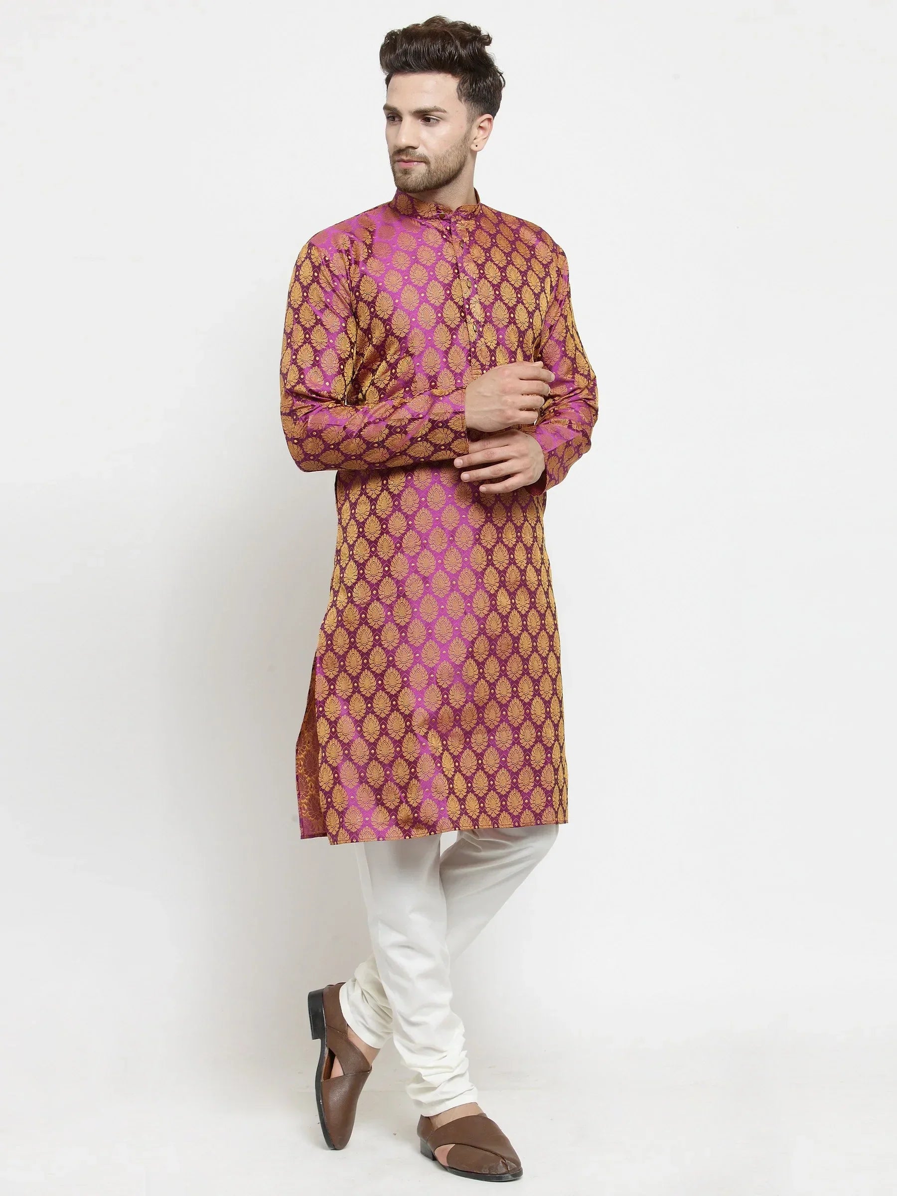 Jompers Men's Pink-Colored & Golden Self Design Kurta with Churidar